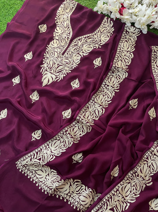 ‘Kalaa’ Wine Crape Kashmiri Suit