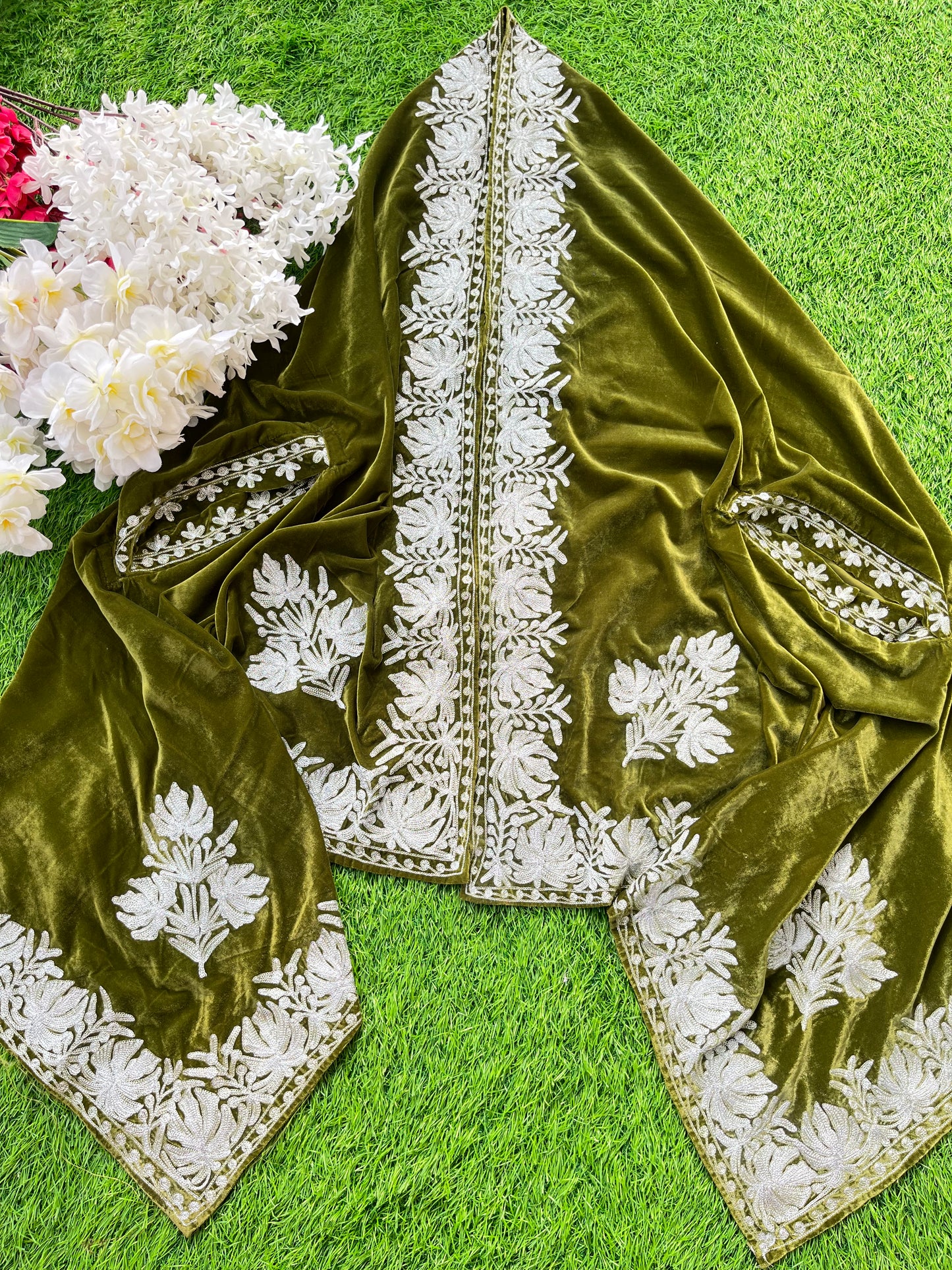 Henna Green Tilla Embroidered Velvet Cape