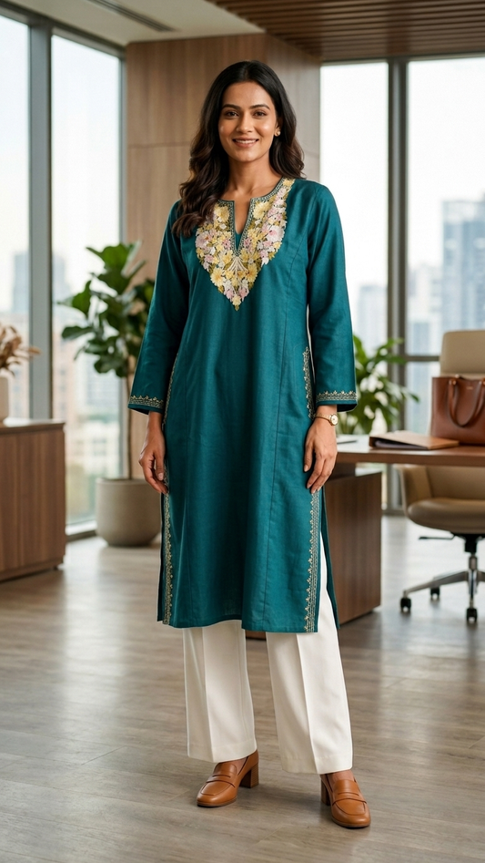 Green Aari Embroidered Wool Pheran