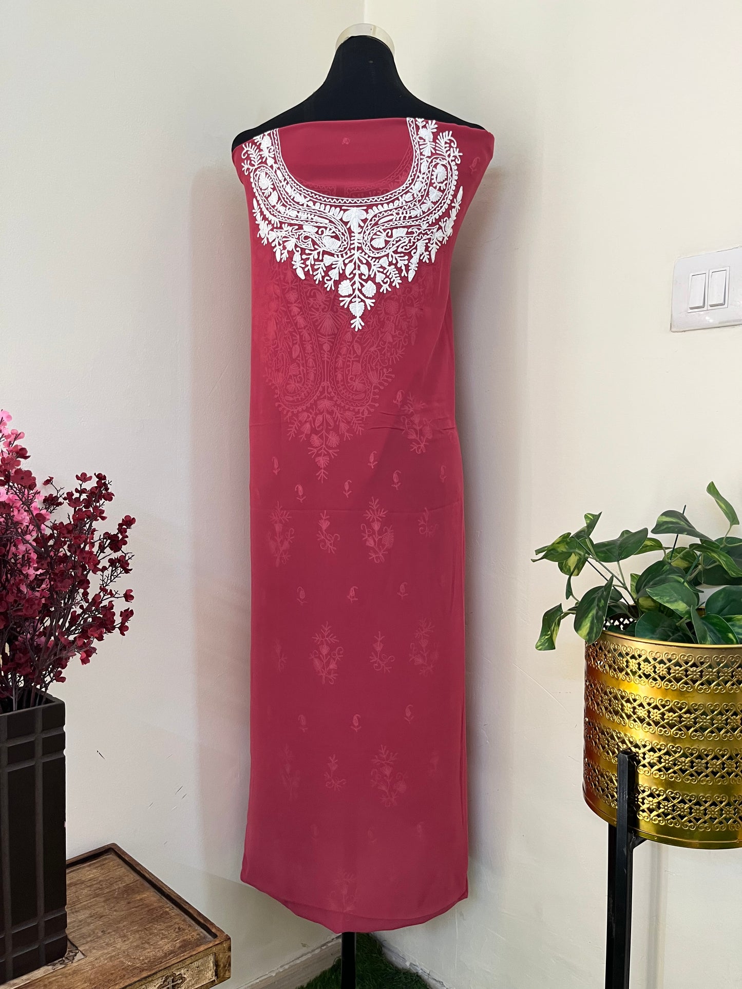 Blush Red Georgette Kashmiri Unstitched Kurta Material