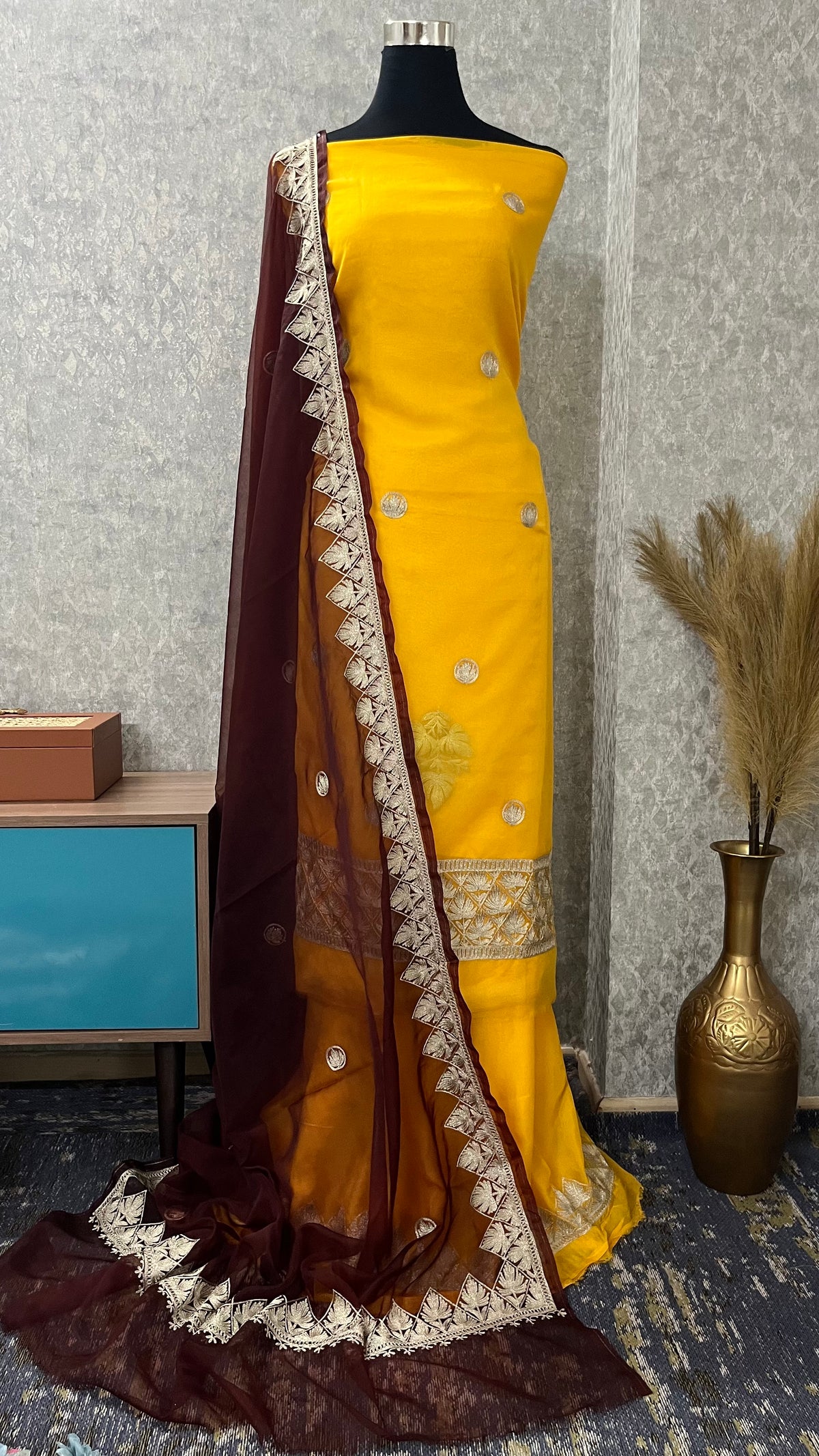 Yellow Soft Tissue Kashmiri Suit
