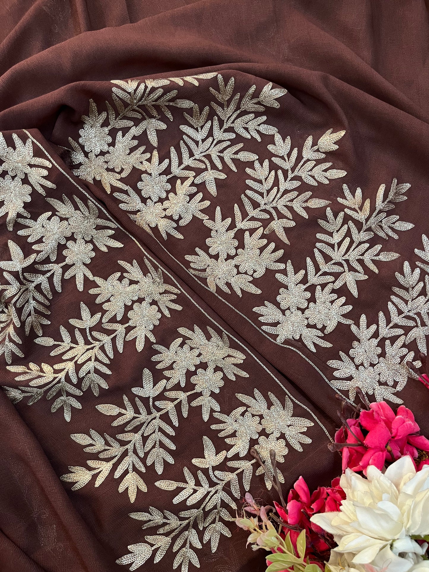 Brown Pure Georgette Oxidised Tilla Kashmiri Suit