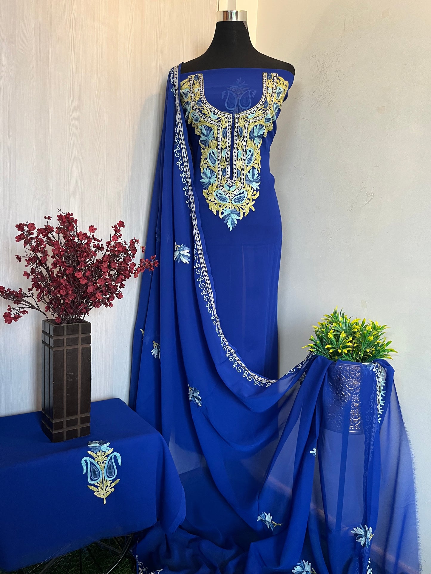 Georgette Royal Blue Two Piece Shirt and Dupatta Aari Embroidered Suit set