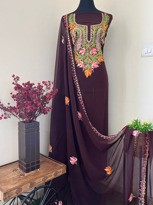 Dark Brown Georgette Shirt and Dupatta Aari Embroidered Suit