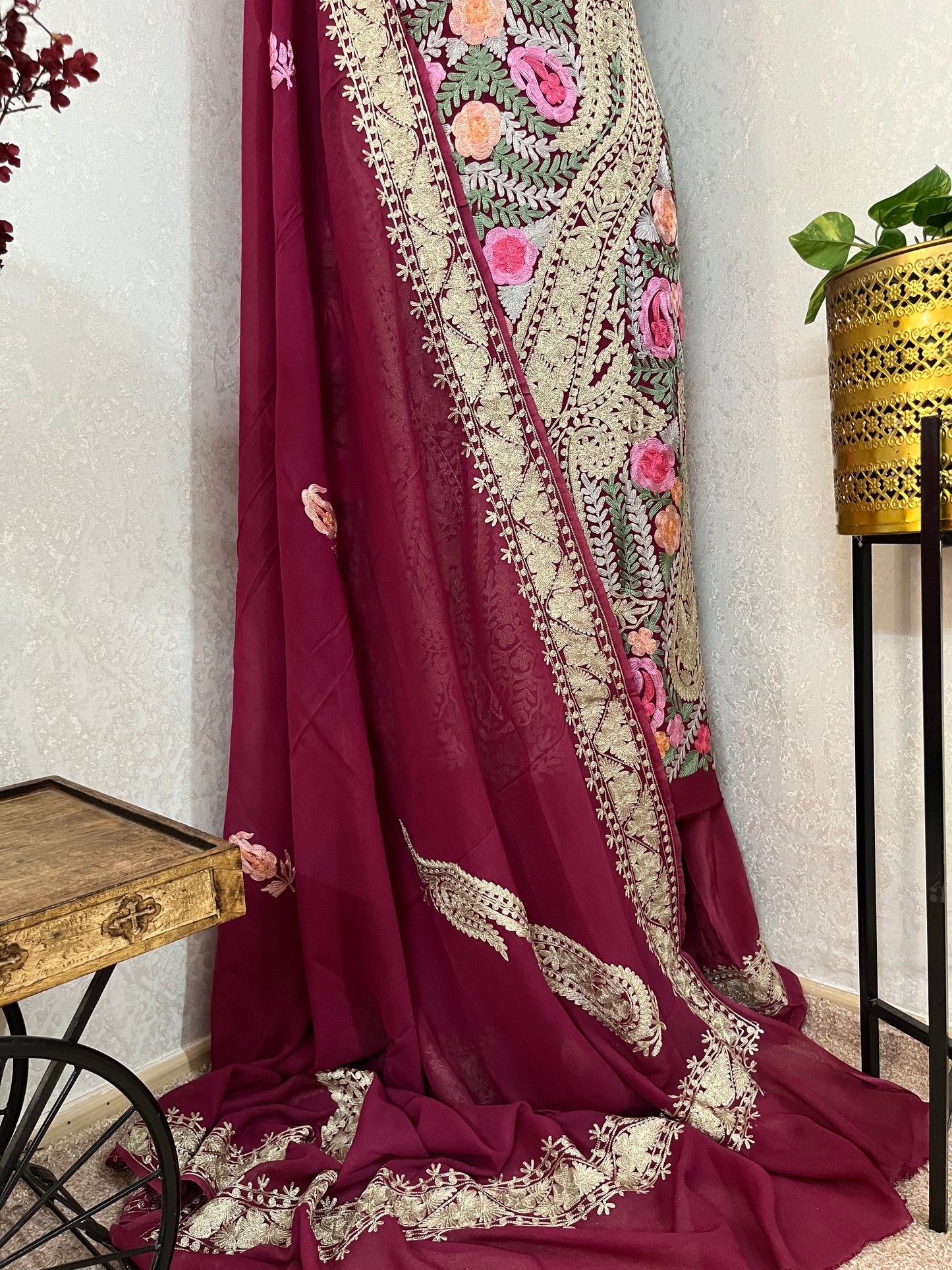 Wine Georgette 3 Pc Aari Embroidered Suit
