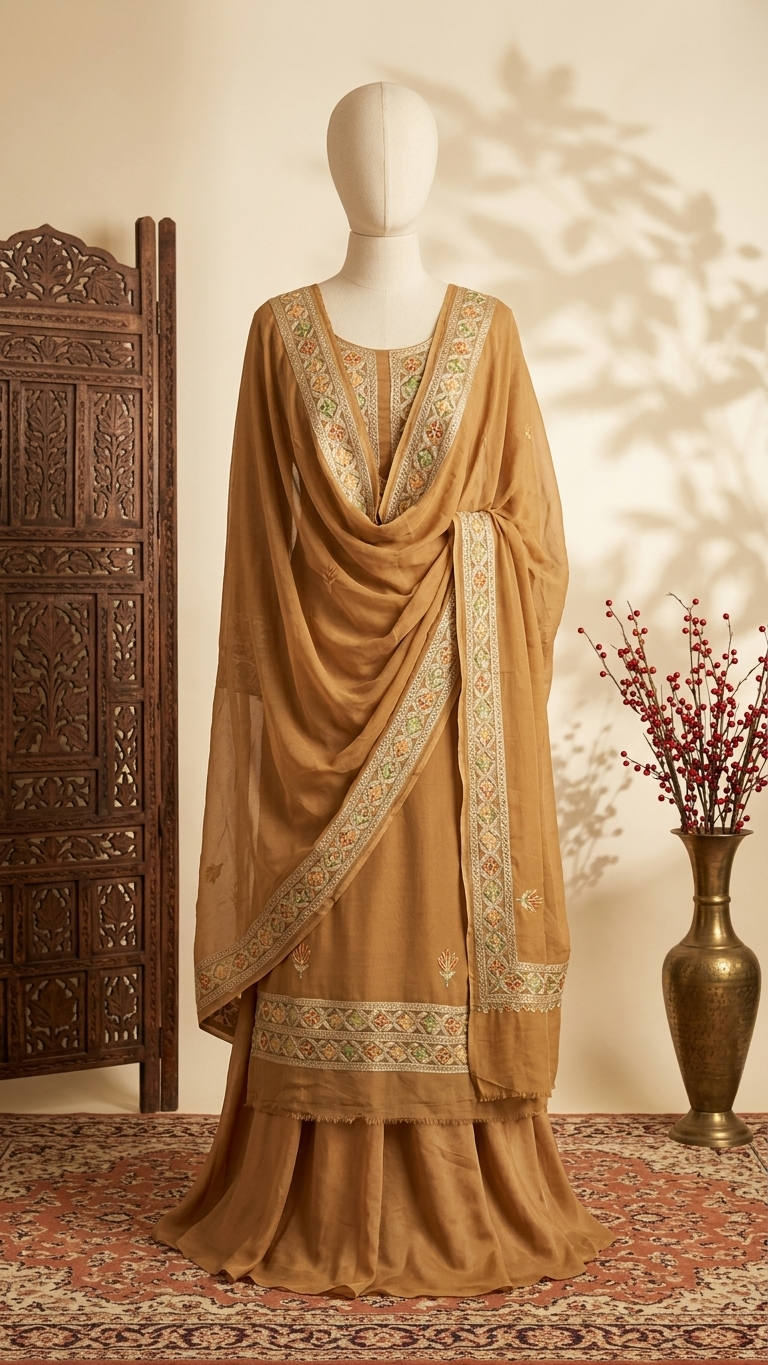Golden Pure Georgette 3Pc Kashmiri Embroidered Suit