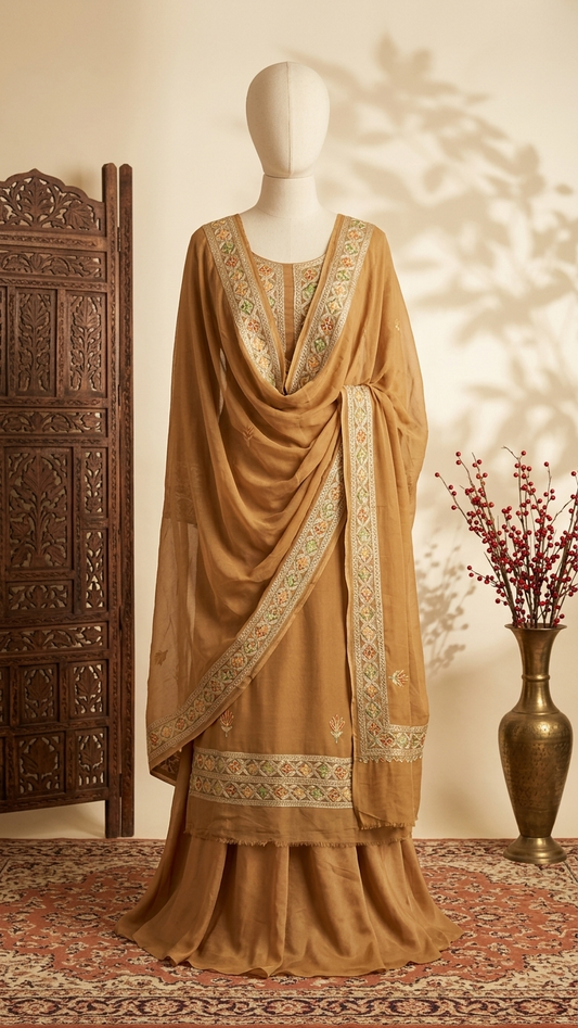 Golden Pure Georgette 3Pc Kashmiri Embroidered Suit