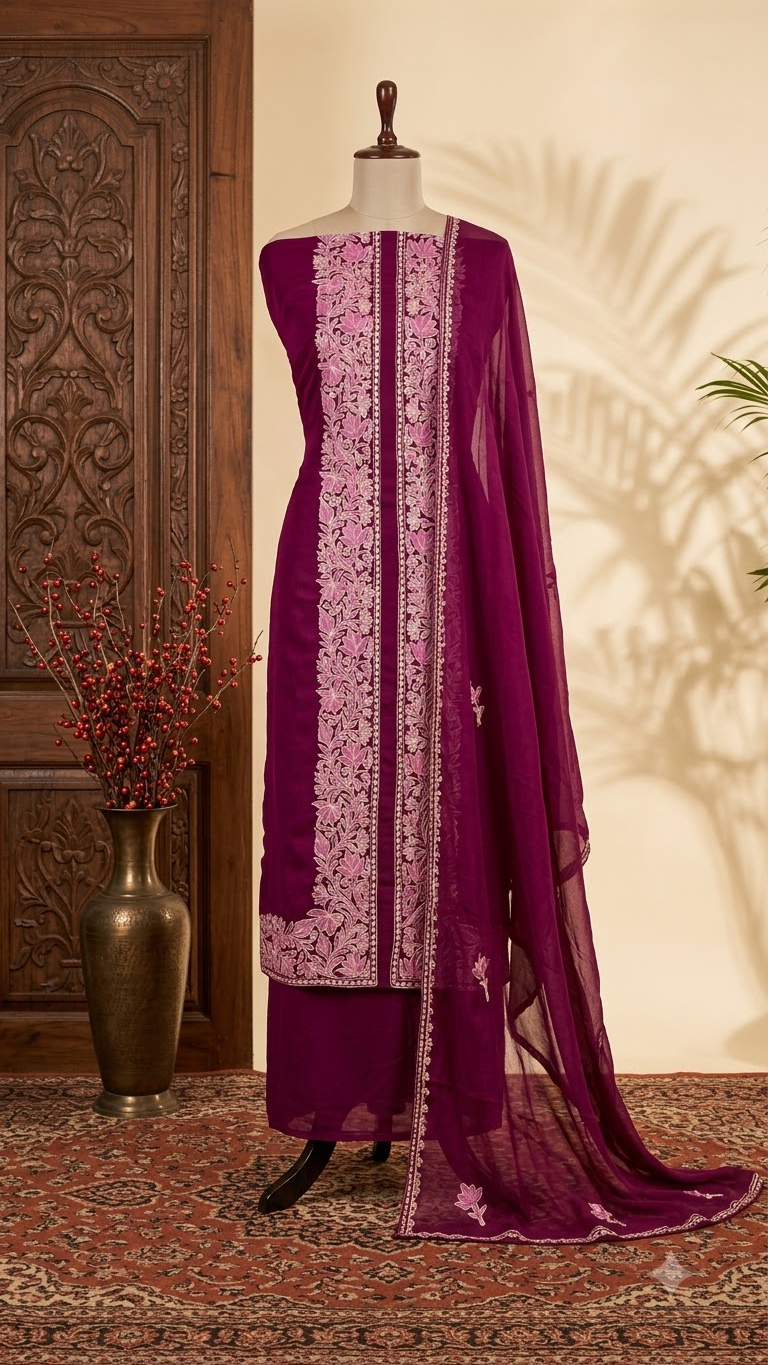 Wine Pure Georgette Achkan Kashmiri Suit