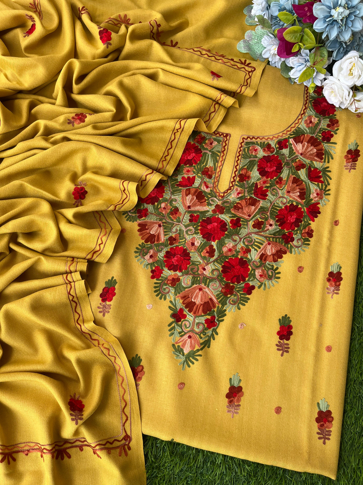 Yellow Woollen Aari Embroidered 3pc suit