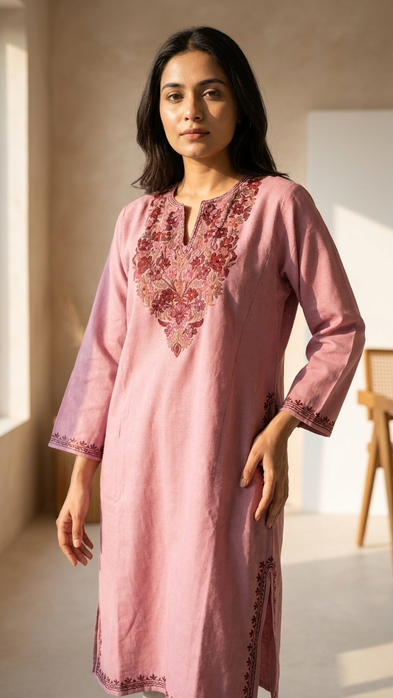 Pink Aari Embroidered Wool Pheran