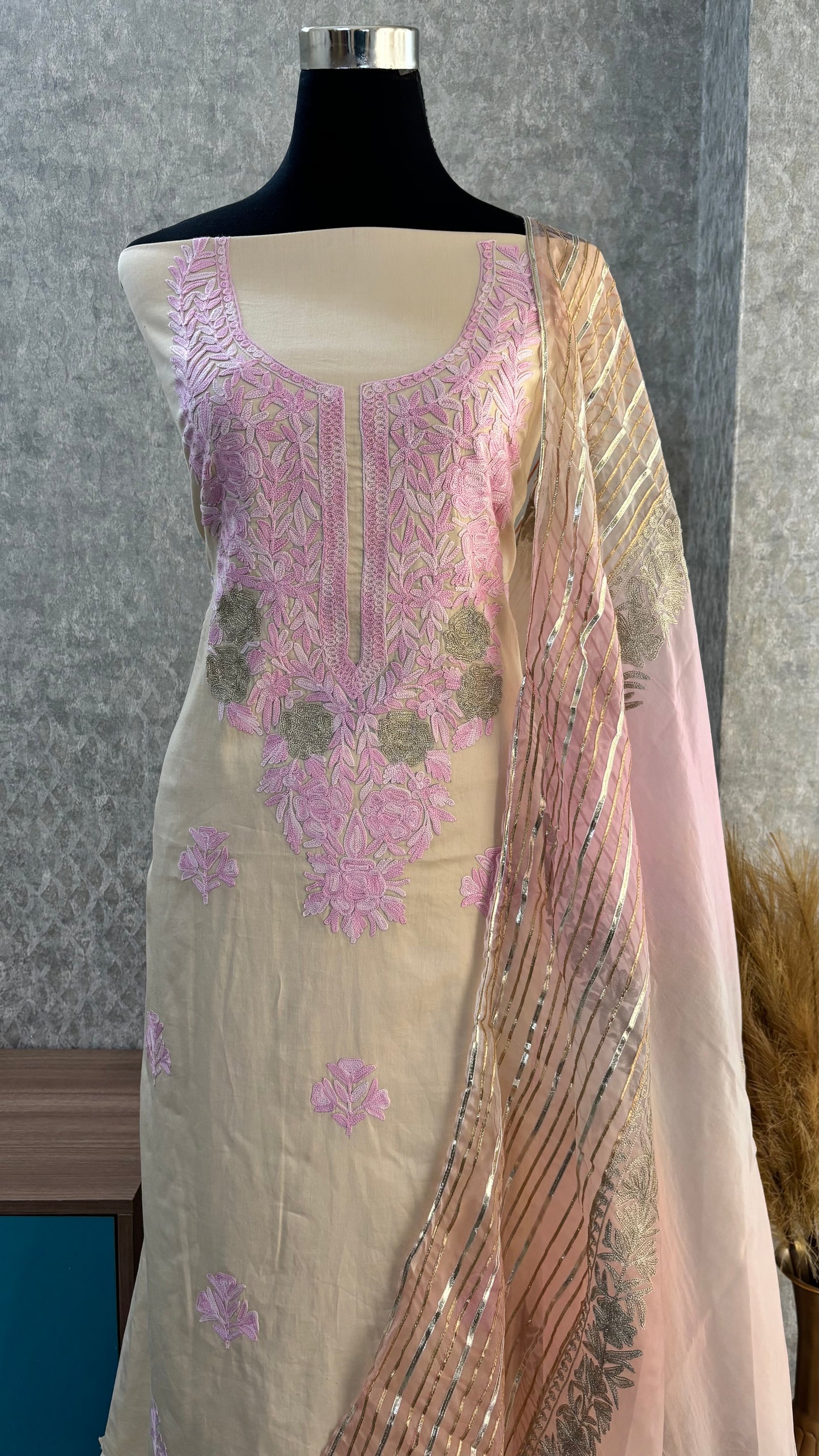 Ivory Satin Cotton Kashmiri Suit