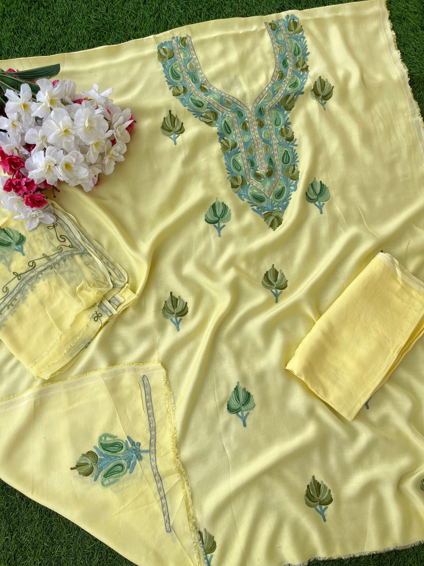 Lemon Yellow Muslin Cotton Aari Embroidered 3pc set