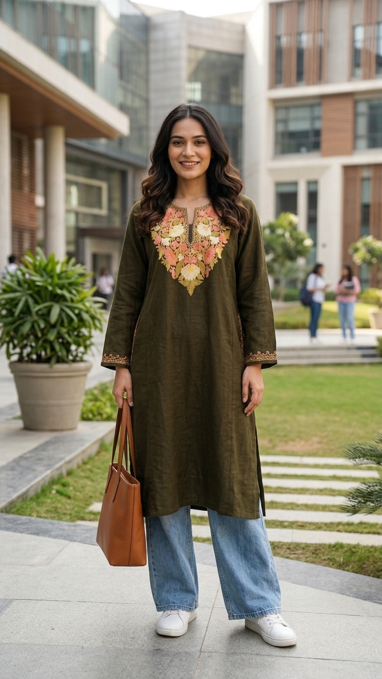 Army Green Aari Embroidered Wool Pheran