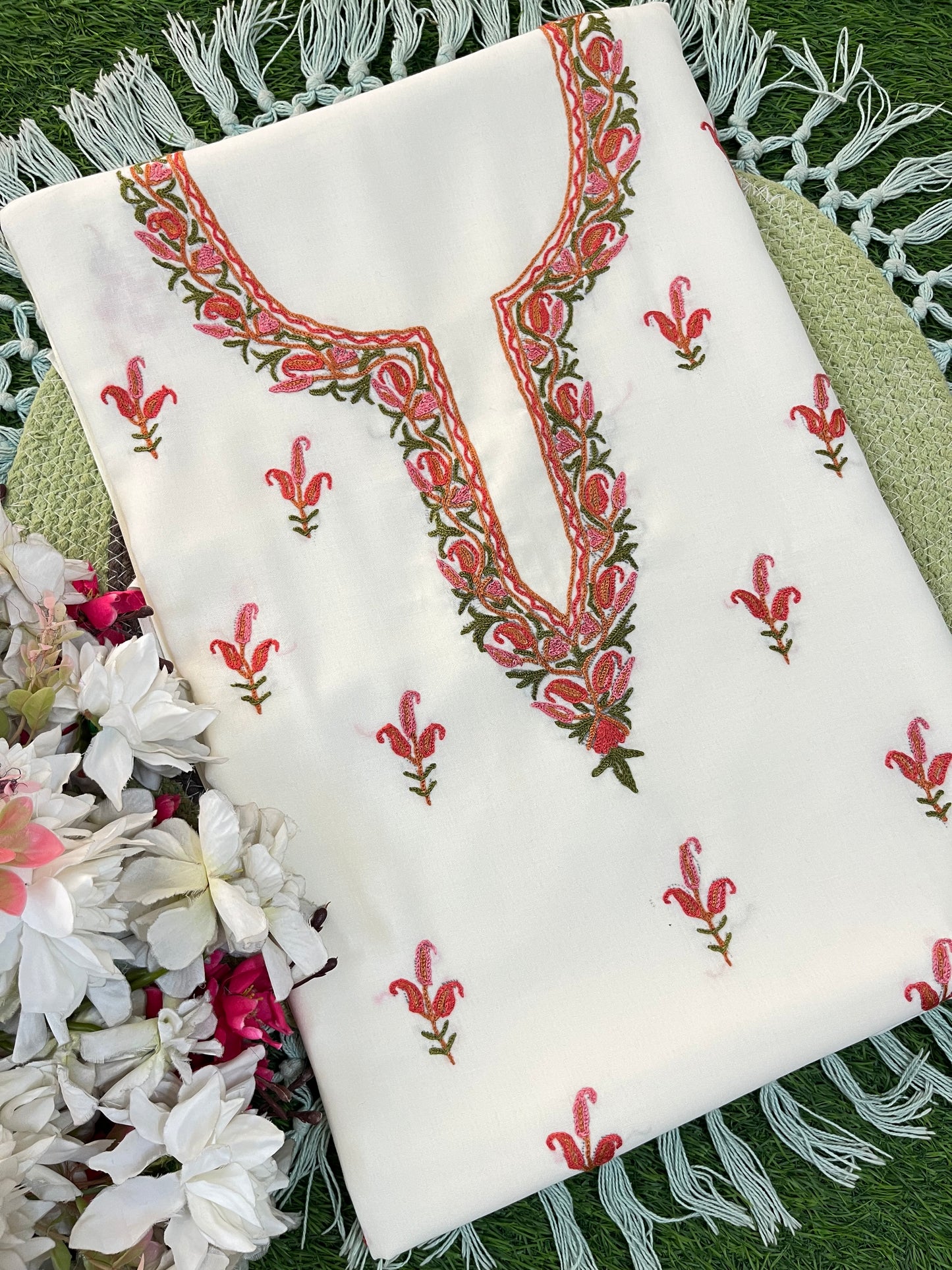 Off White Cotton Two Piece Suit (Hand Embroidered)