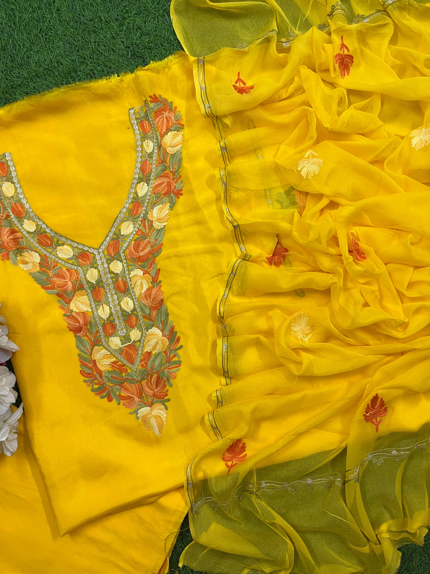 Yellow  Opada Silk Aari Embroidered Suit material