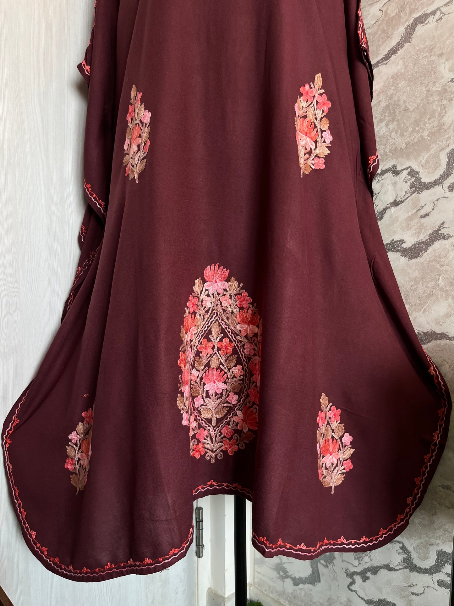 Maroonish Brown Cotton Aari embroidered Kaftan