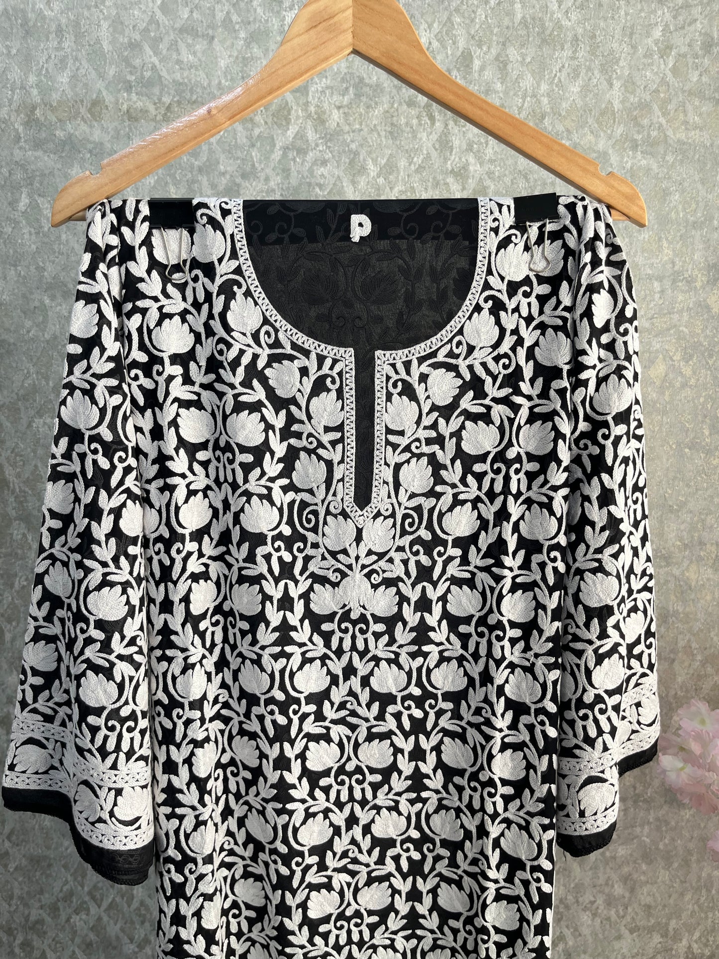 Black Georgette Front Back Jaal Kashmiri  Semi Stitched Kurta