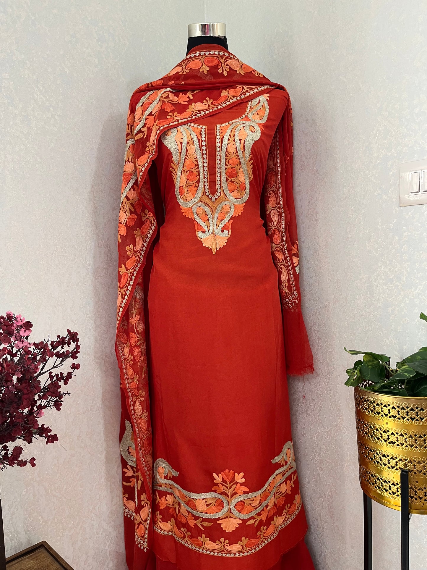 Rust Orange Opada Silk Kashmiri Suits