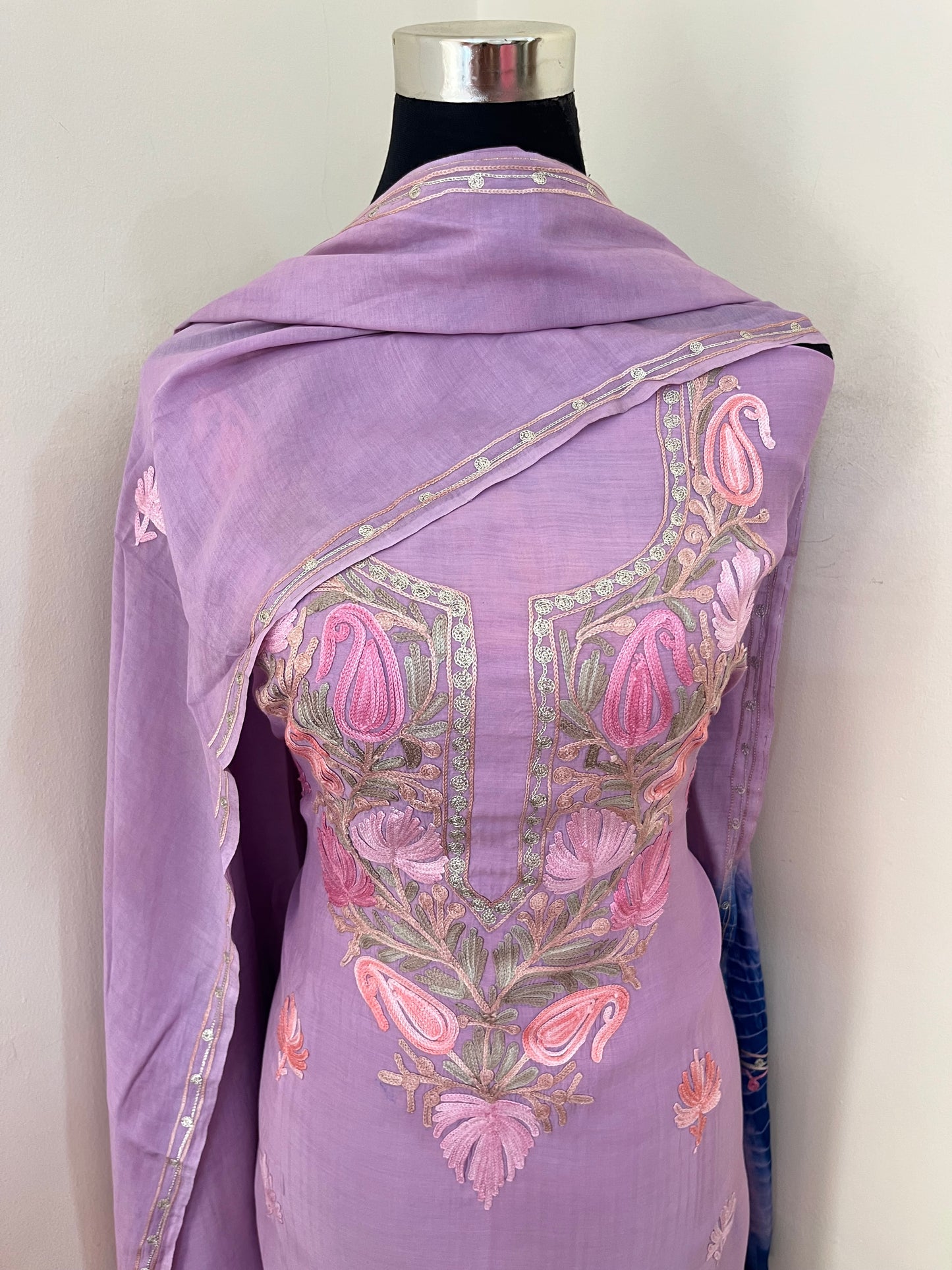 Lavender Mul Cotton Shibori Work Kashmiri 3pc Suit