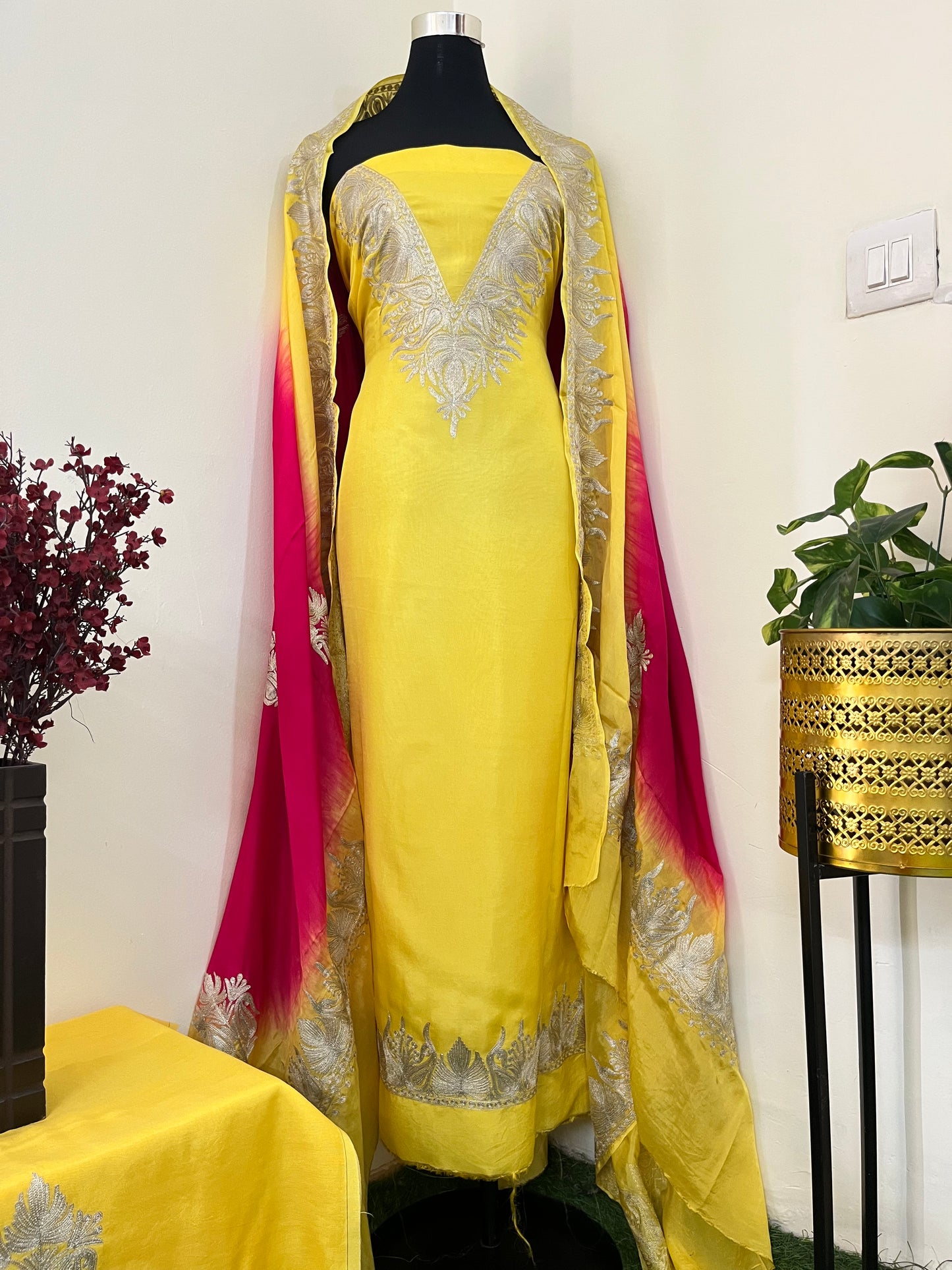 Sanam Musk Yellow Silk Kashmiri Suit