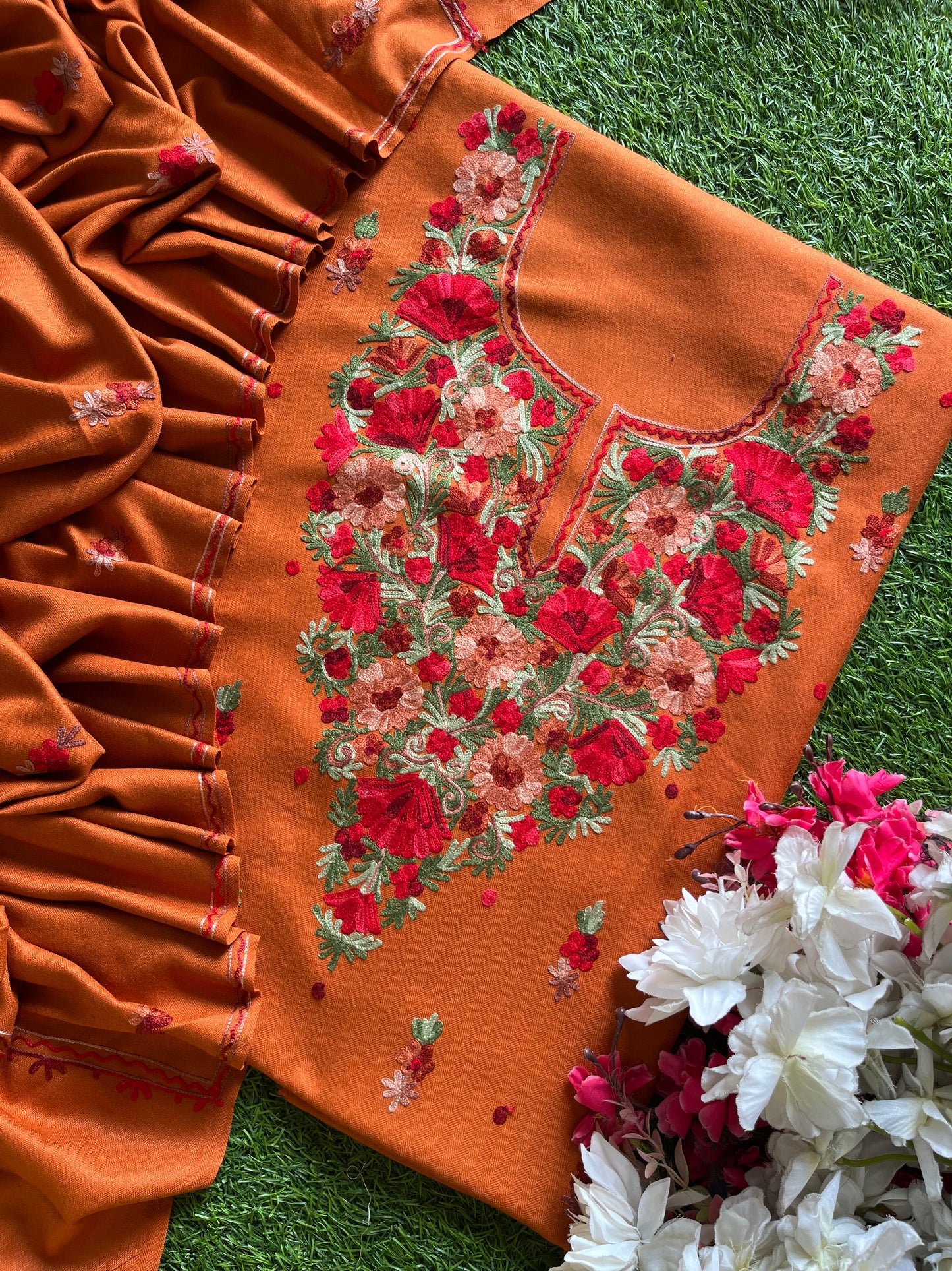 Dull Orange Woollen Aari Embroidered 3pc suit