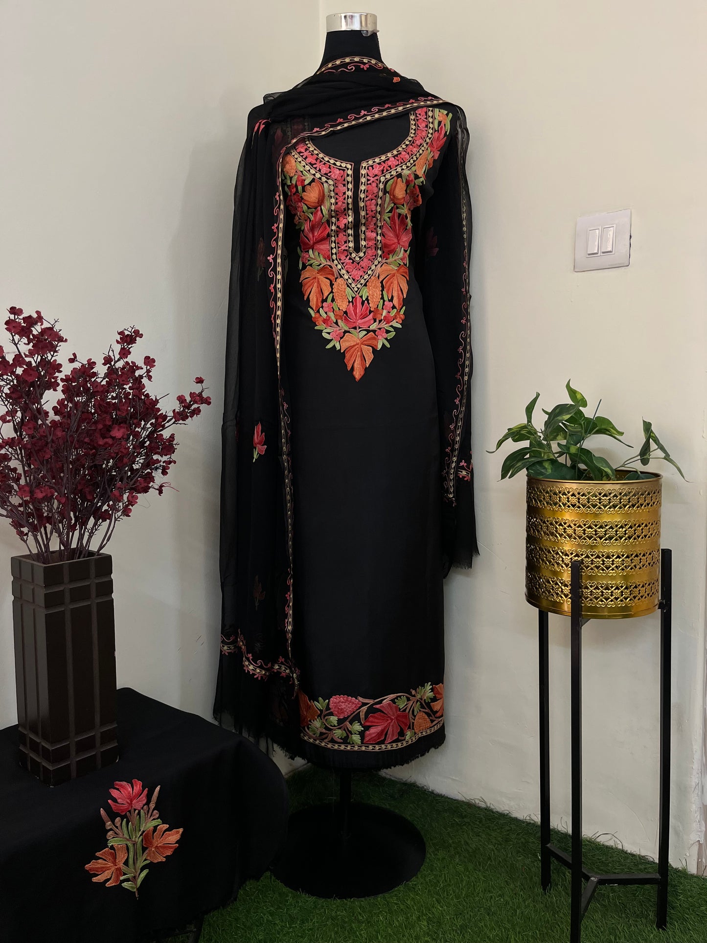 Black Opada Silk Aari Embroidered Suit material