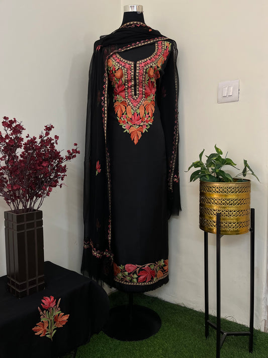 Black Opada Silk Aari Embroidered Suit material