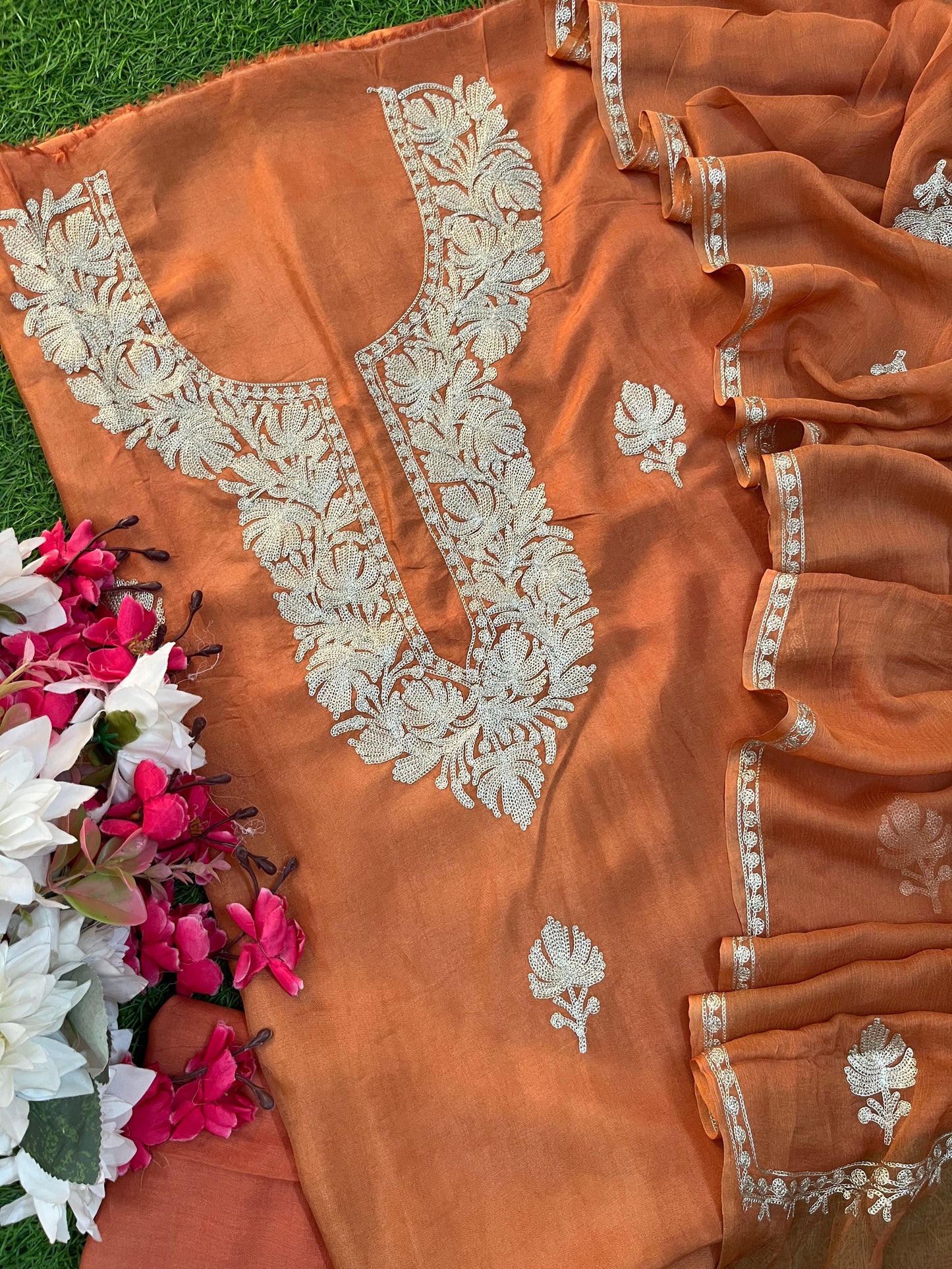 Dull Orange Silk Tilla Kashmiri Suit