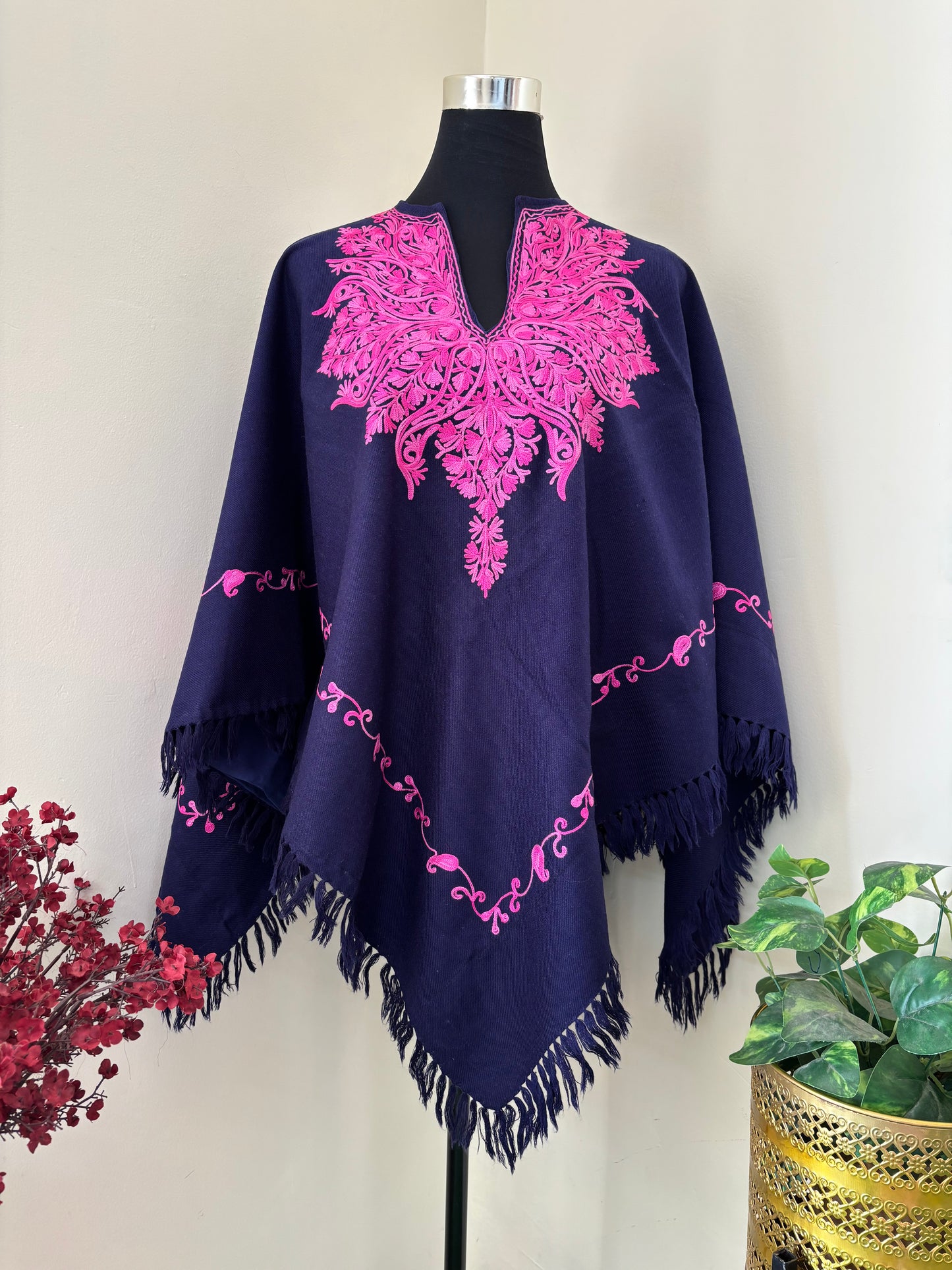 Navy Blue Aari Embroidered Wool Poncho