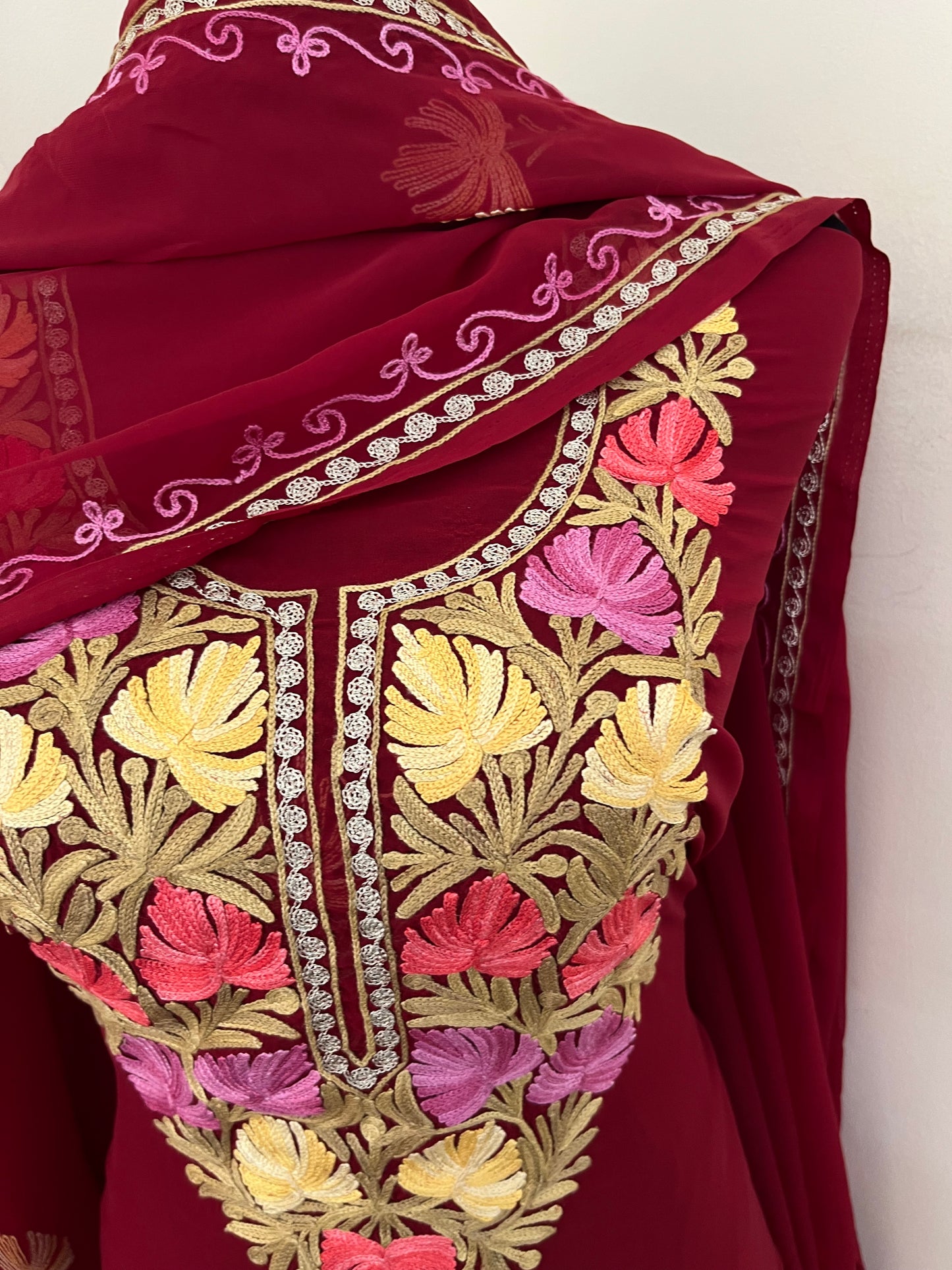 Maroon Georgette 3 Pc Aari Embroidered Suit Set