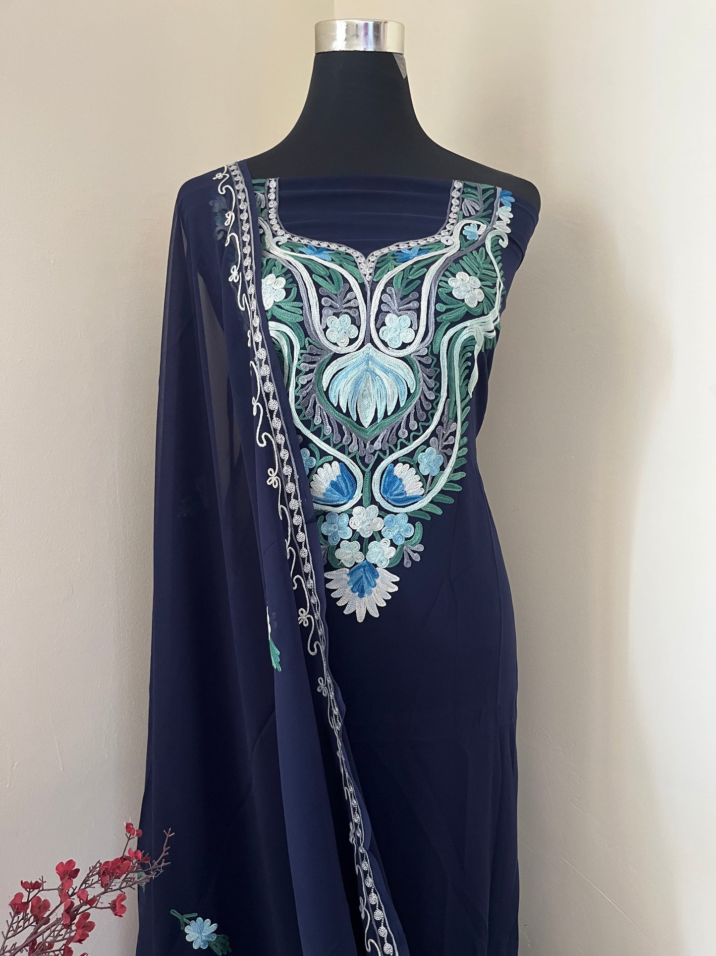 Royal Blue Georgette Shirt and Dupatta Aari Embroidered Suit