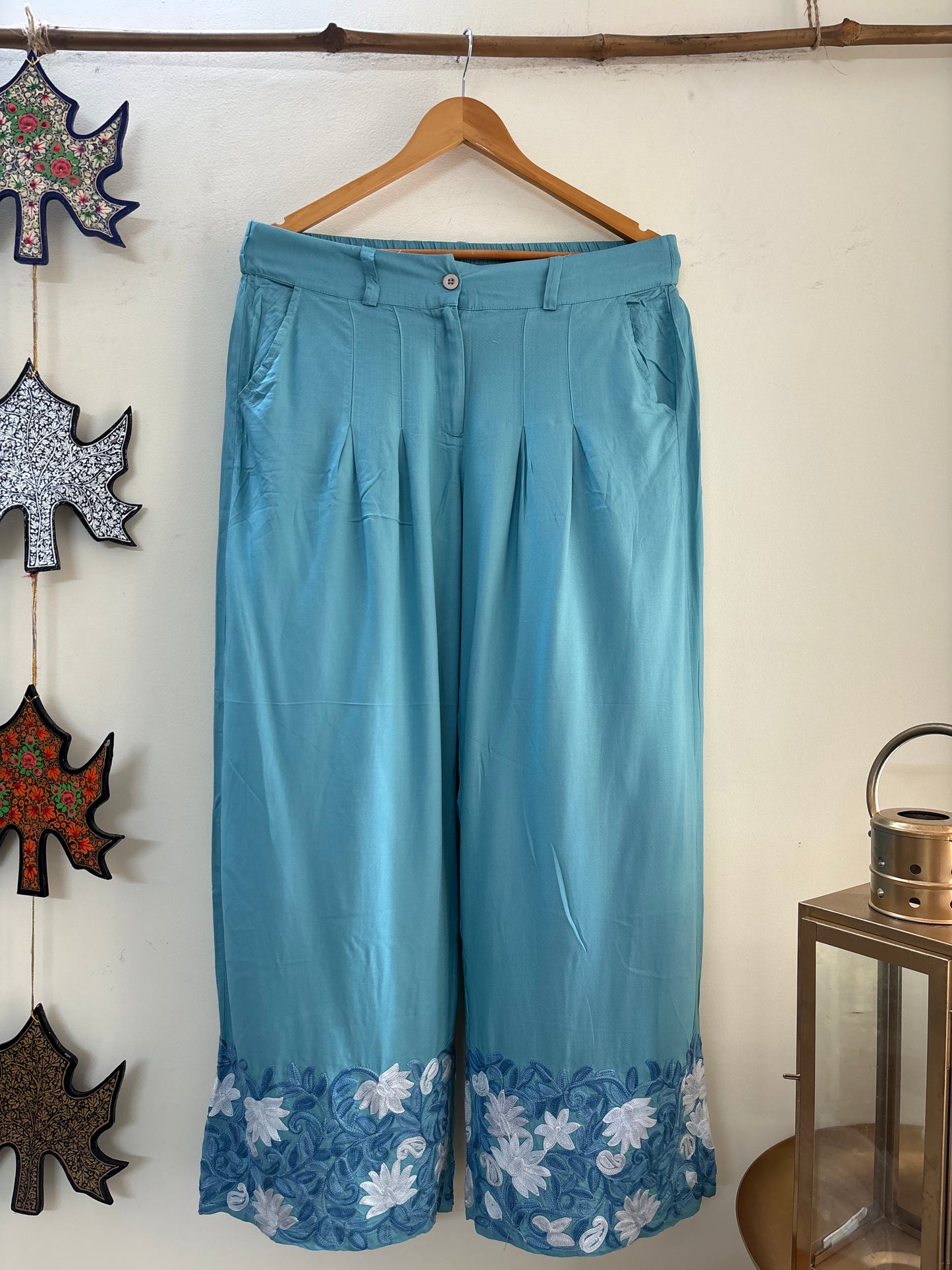 Women Blue Ankle Length Aari Embroidered Palazzos ‘S’