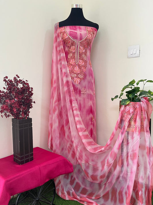 Cherry Pink Pure Georgette Aari Embroidered Suit