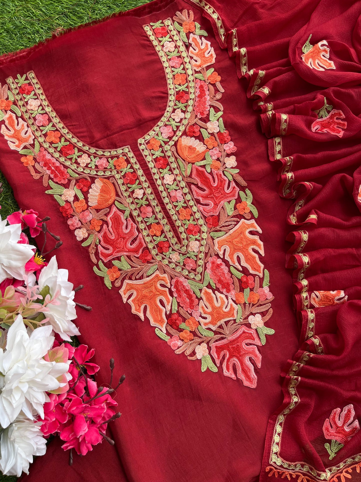 Maroon Opada Silk Kashmiri Suits