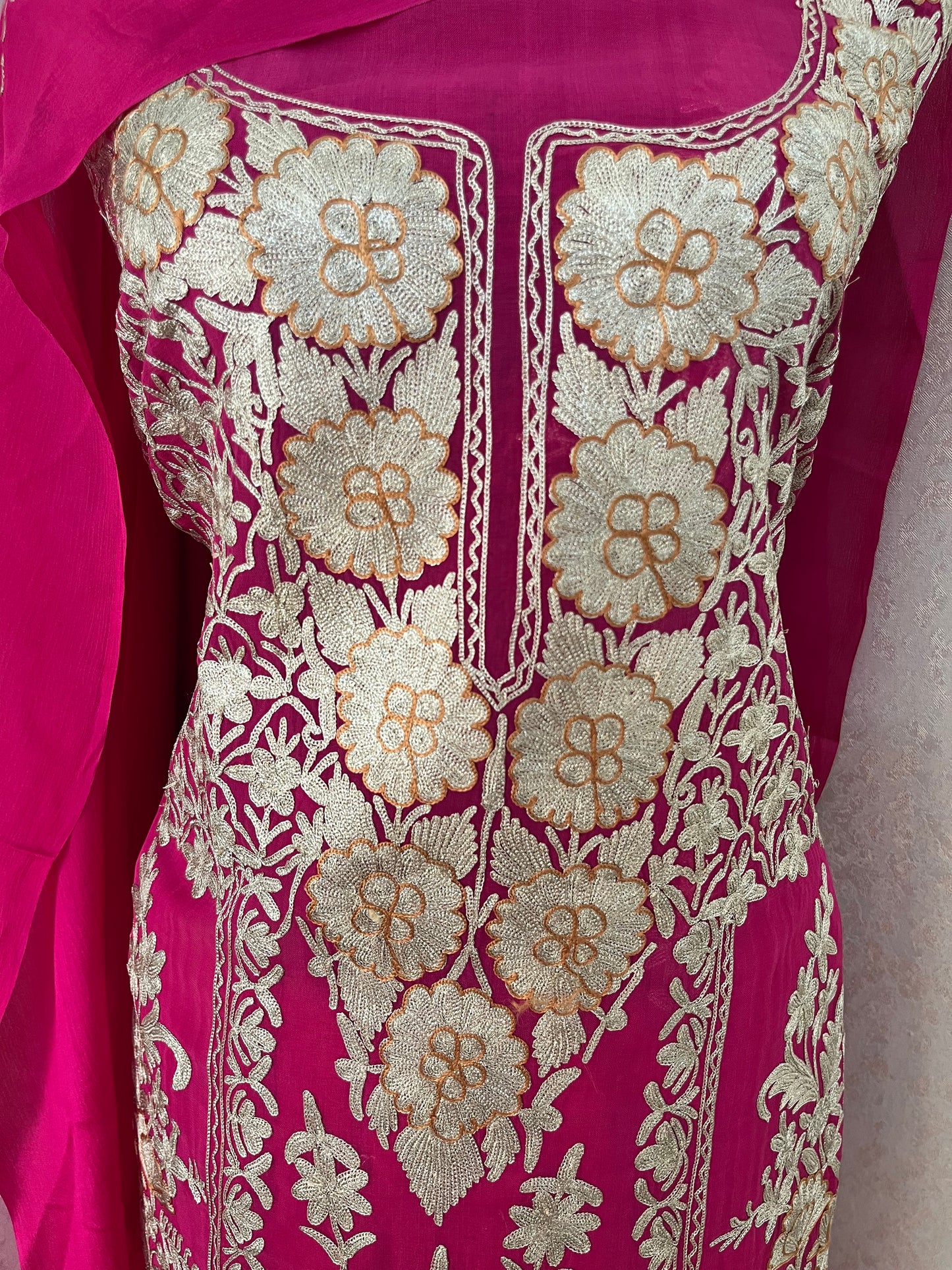 Hot Pink Pure Soft Organza 3 Pc Heavy Kashmiri Suit