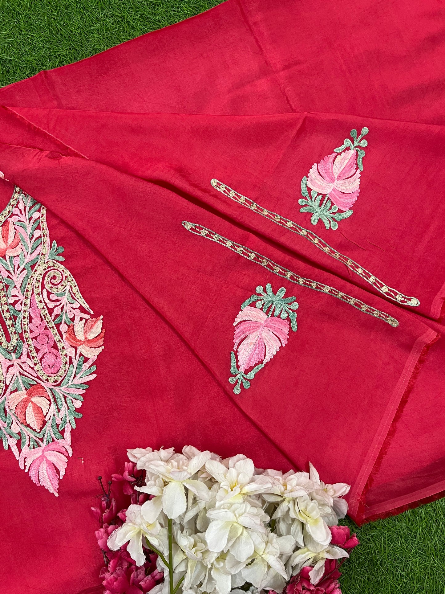 Carrot Red Opada Silk Kashmiri Suit