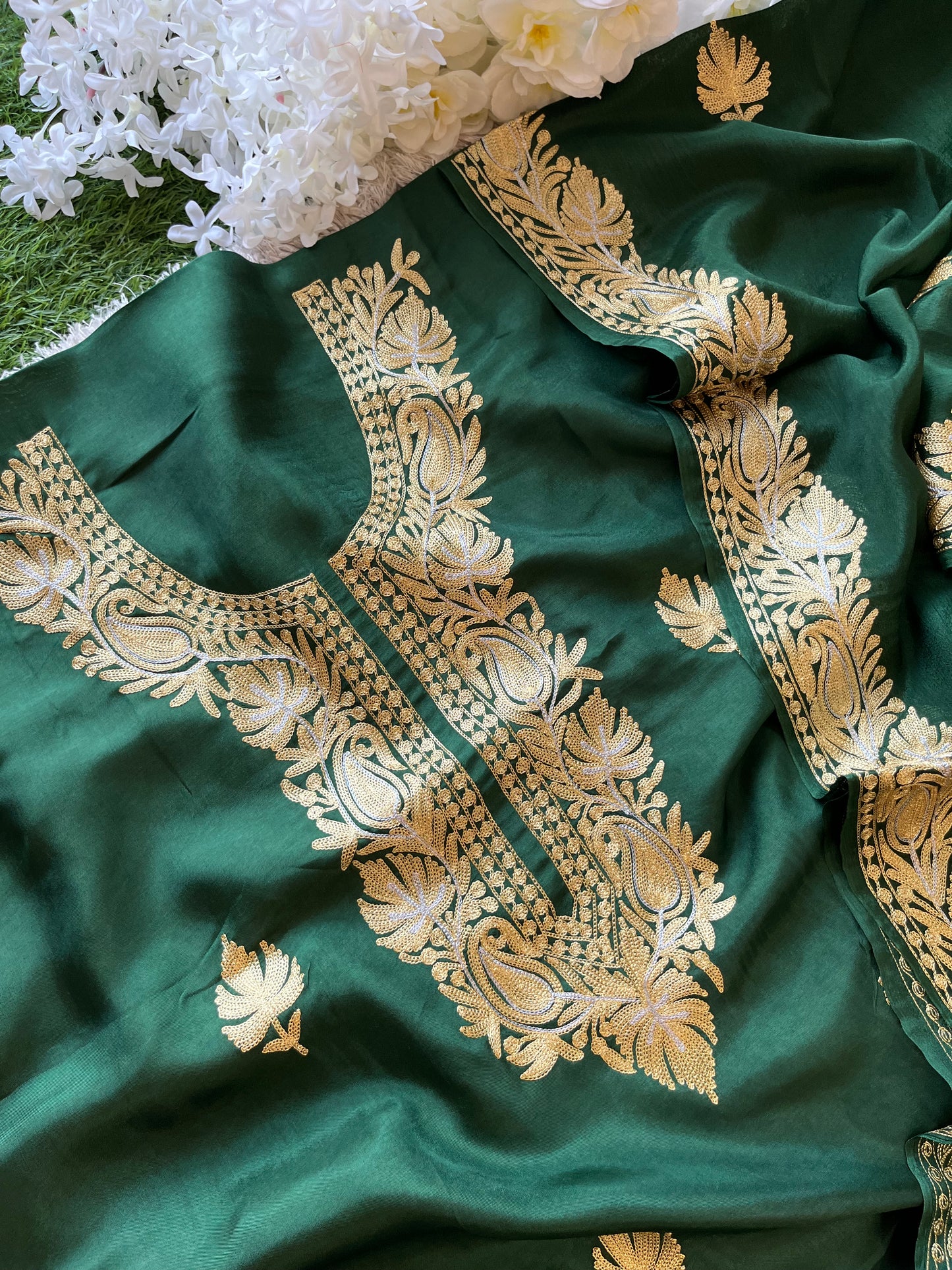 ‘Kalaa’ Forest Green Opada Silk Tilla Embroidered Suit material (on order)