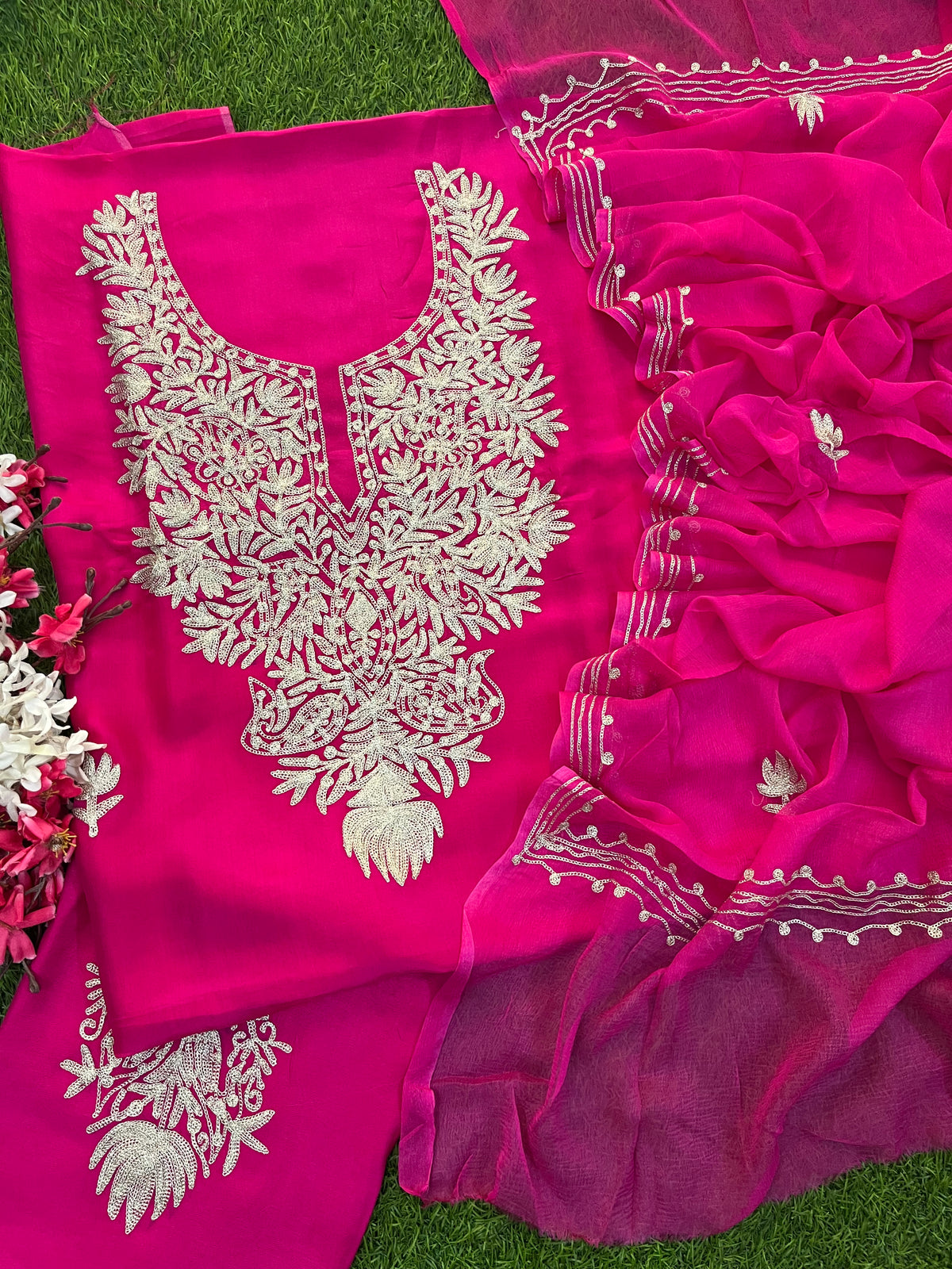 Hot Pink Silk Tilla Kashmiri Suit