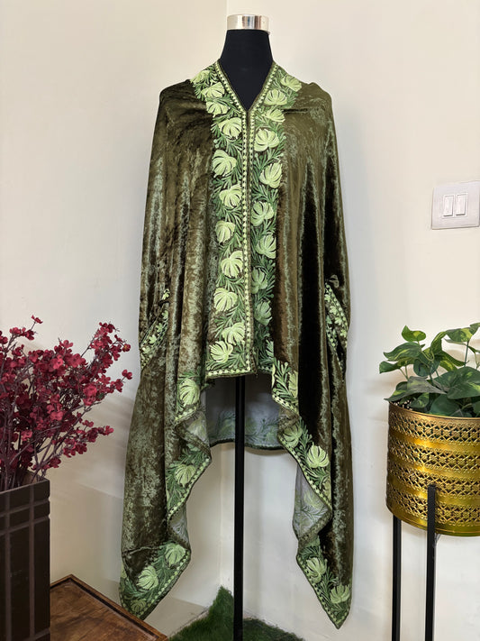 Olive Green Aari Embroidered Makhmal Cape