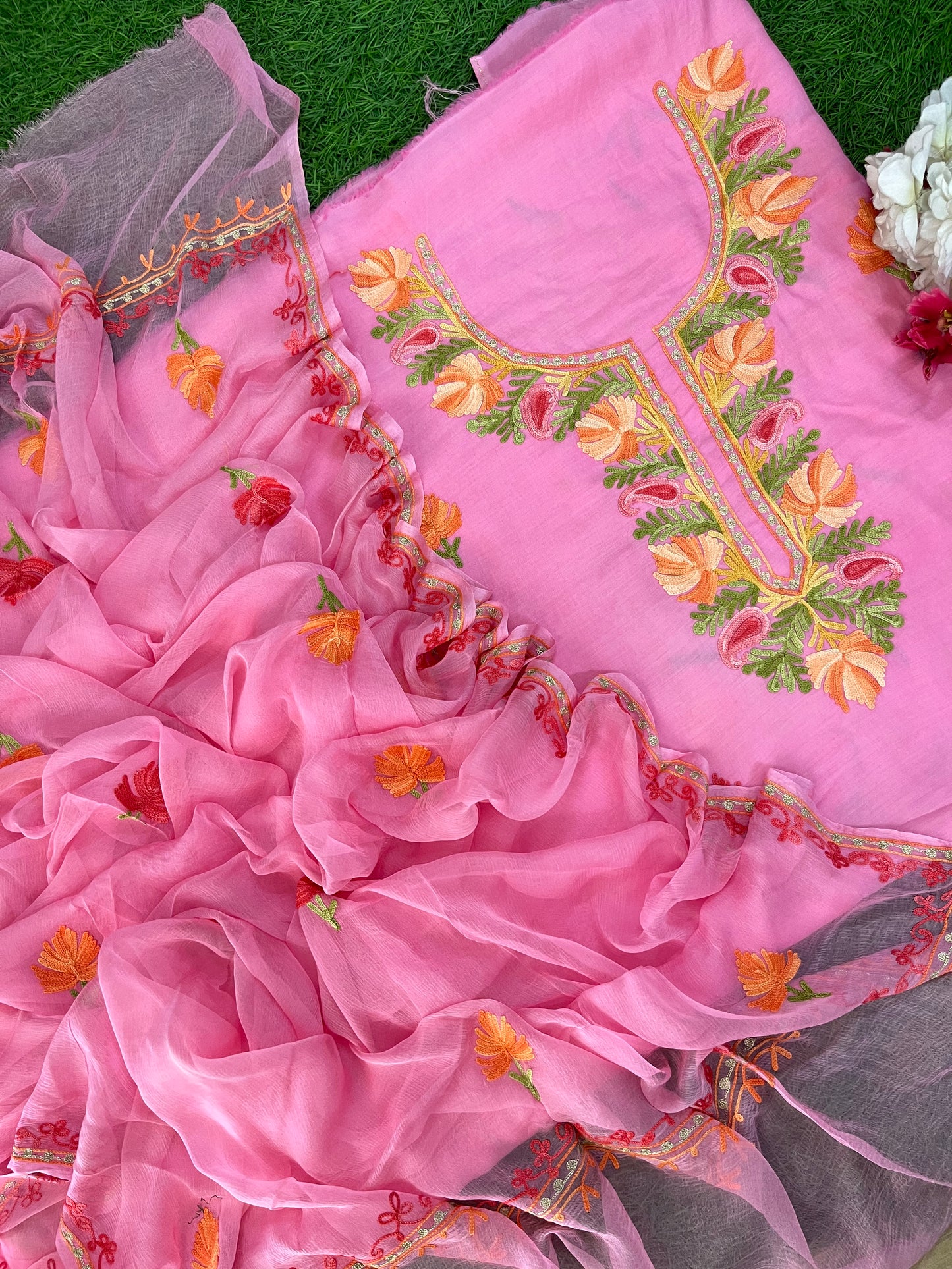 Soft Pink Muslin Cotton Jaal Sleeves Kashmiri 3pc Suit