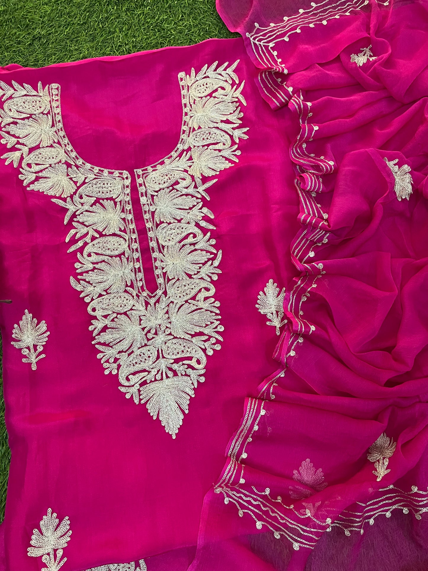 Hot Pink Silk Tilla Kashmiri Suit