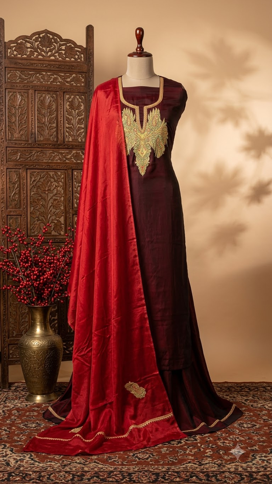 Maroon Silk Puff Tilla Embroidered Suit