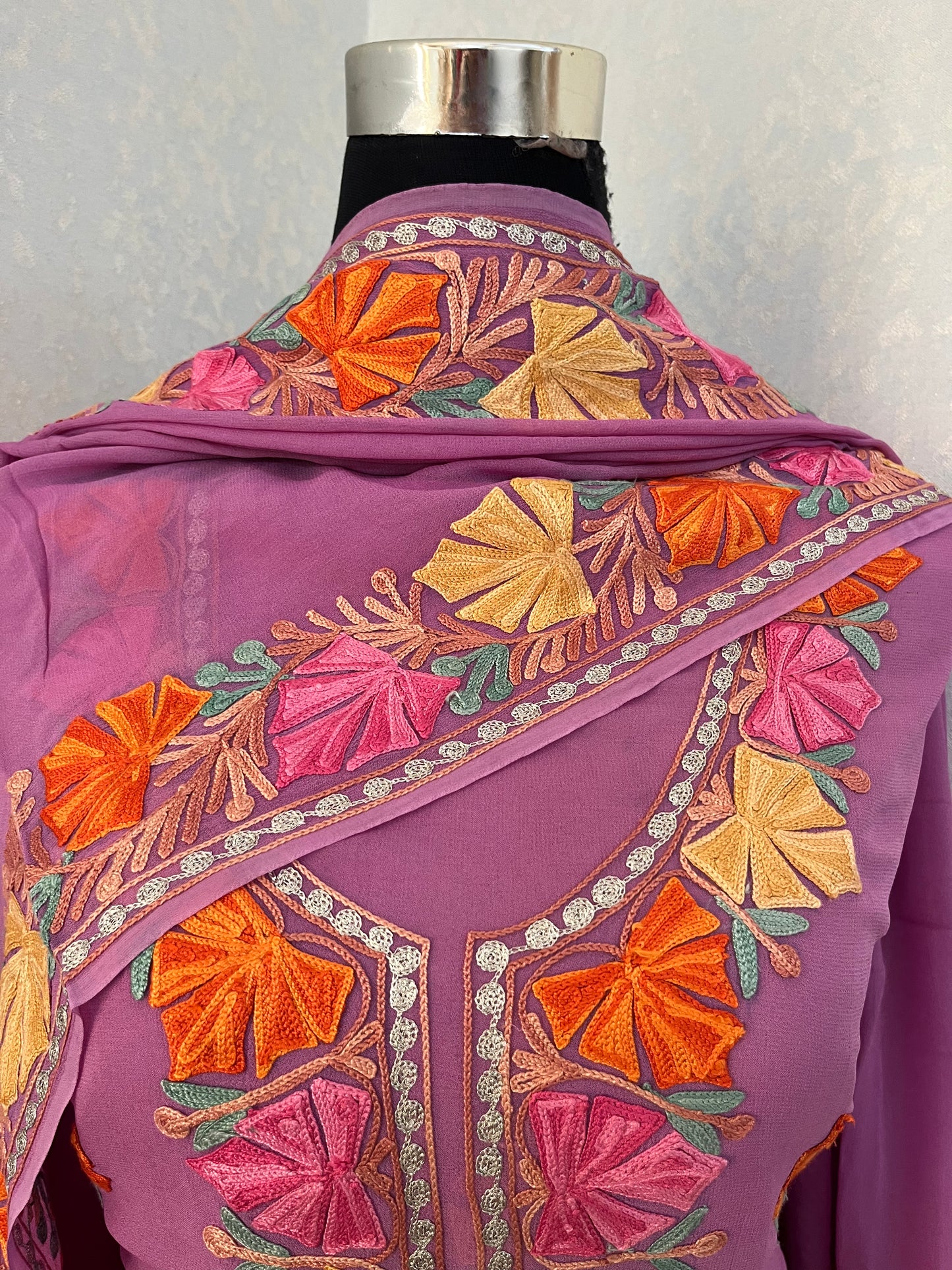 Lilac Pure Georgette Aari Embroidered Suit