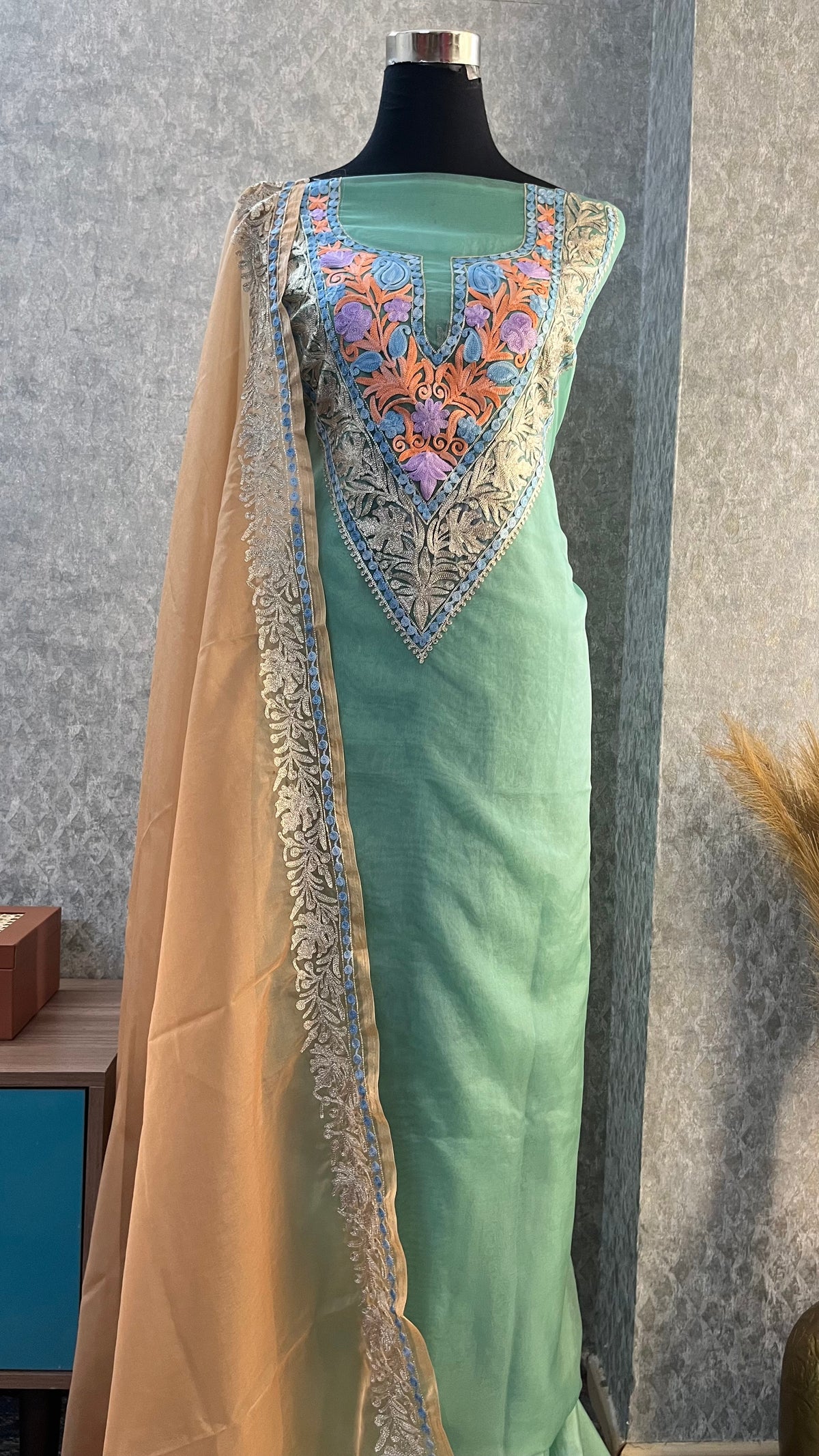 Soft Green Tissue Kashmiri Suit