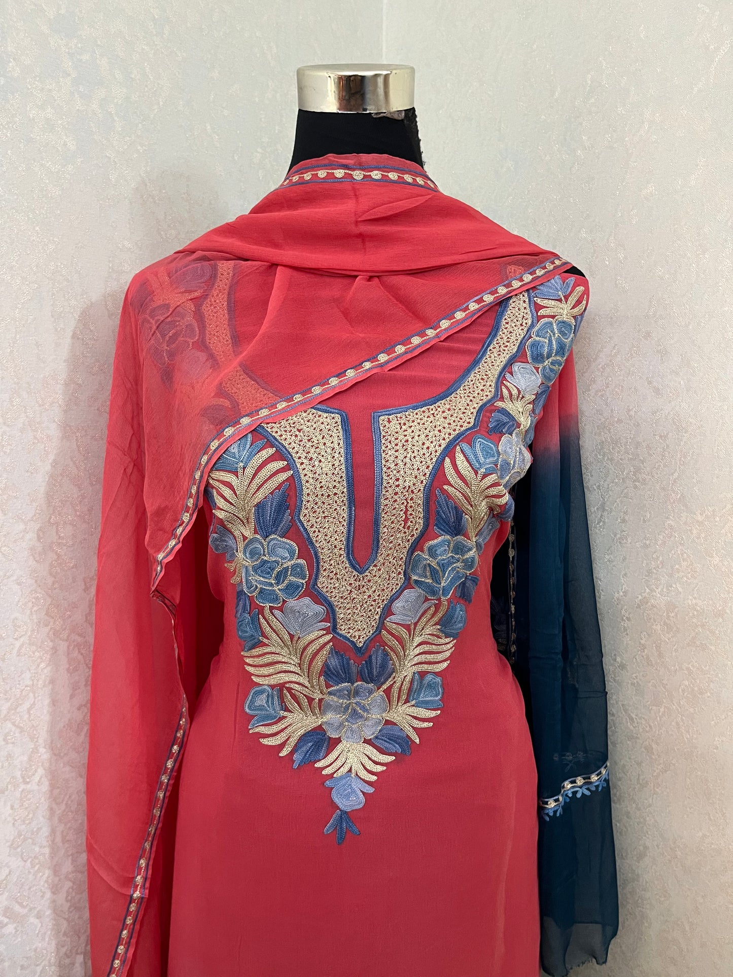 Carrot Pink Pure Georgette Double Shade Kashmiri Suit