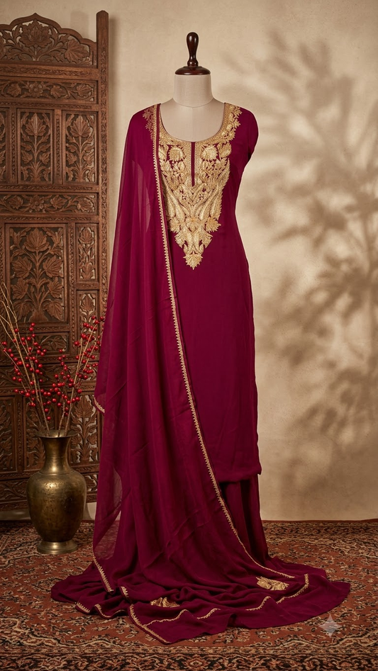 Wine Crape Puff Tilla Kashmiri Suit