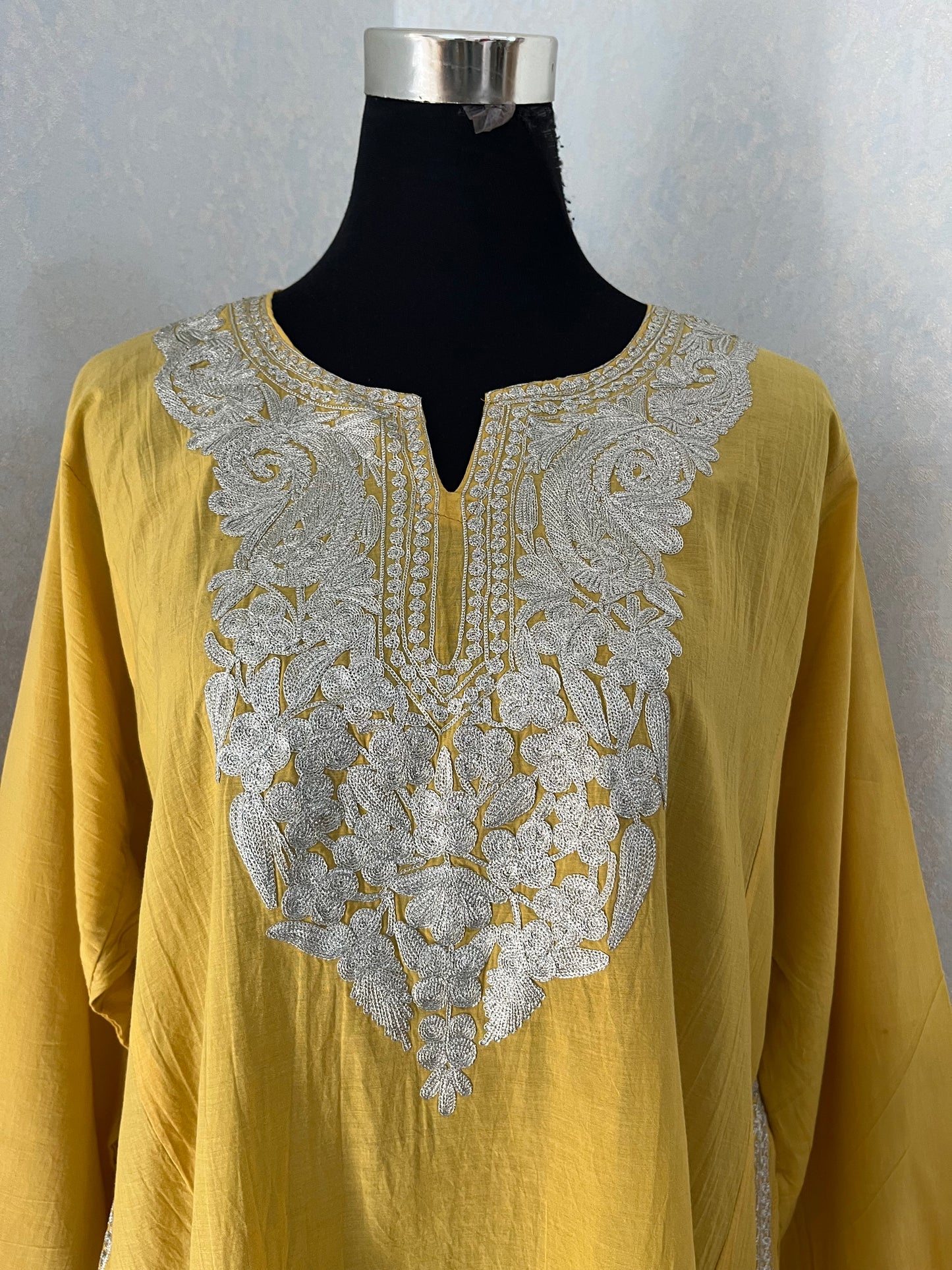 Soft Yellow Cotton Kashmiri Pheran Set (48)