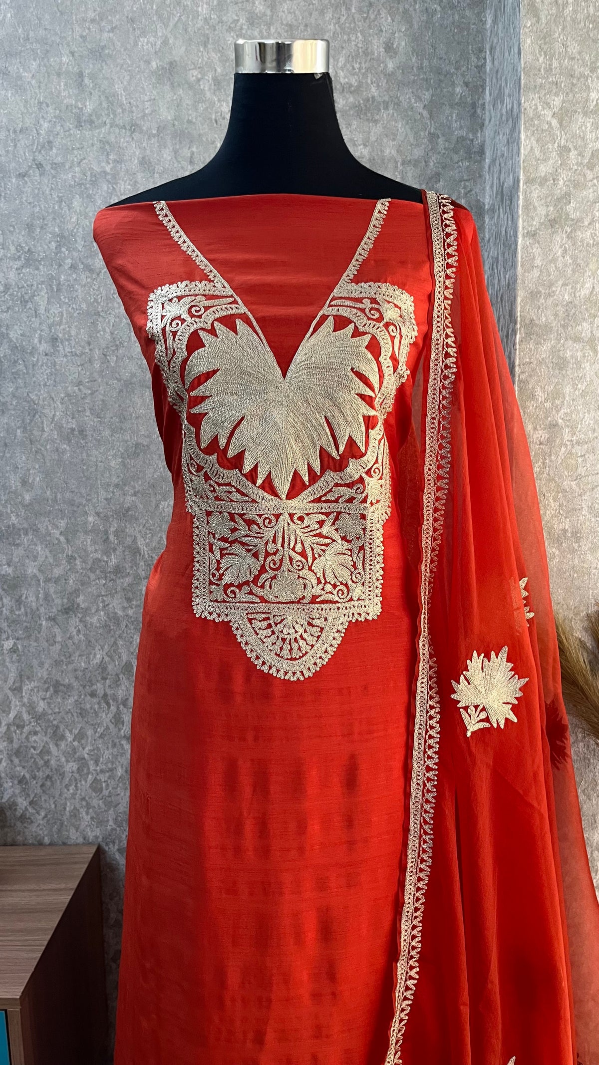 Orange Silk Tilla Embroidered Suit