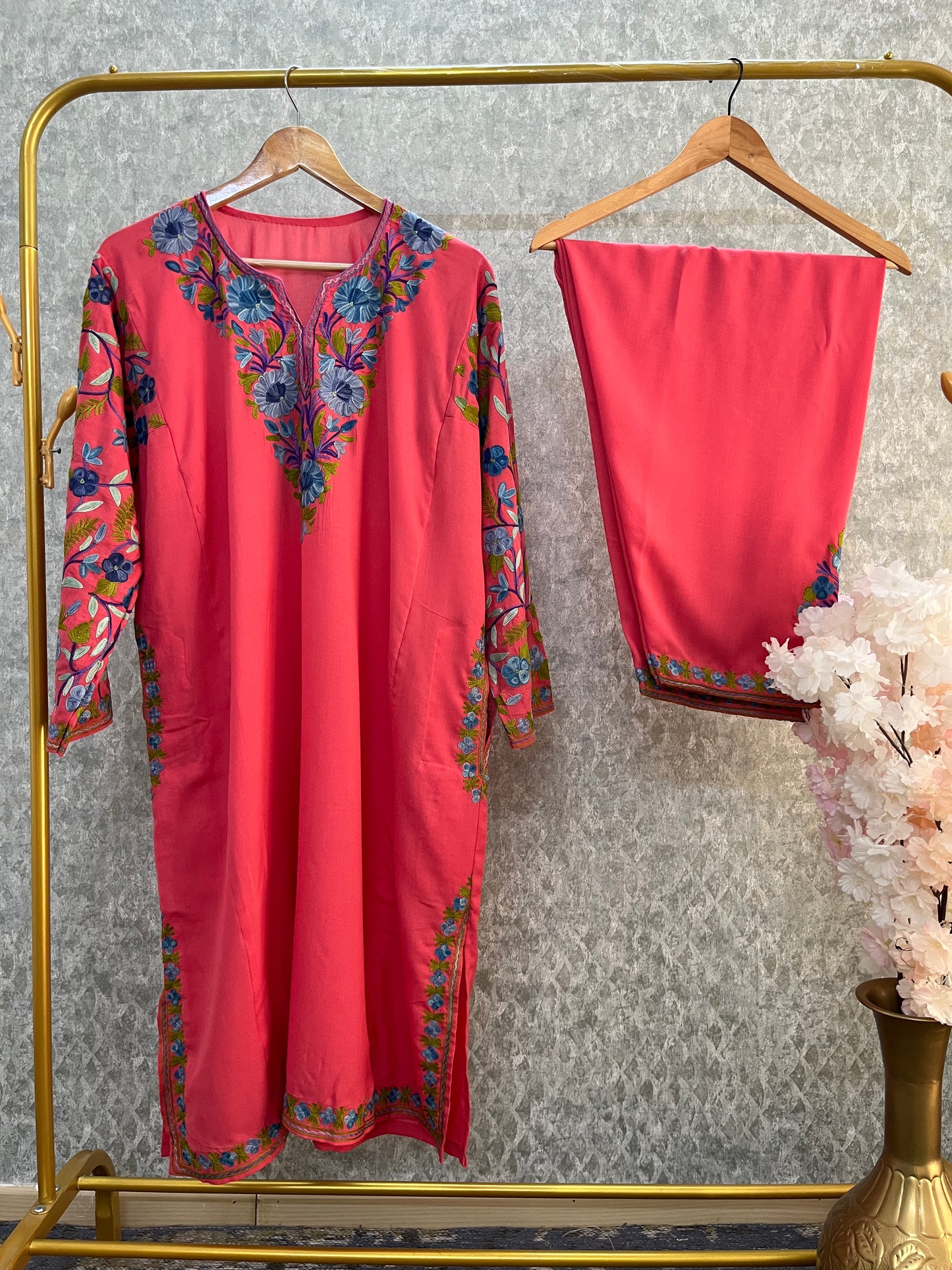 Carrot Pink Cotton Arm Jaal Pheran Set