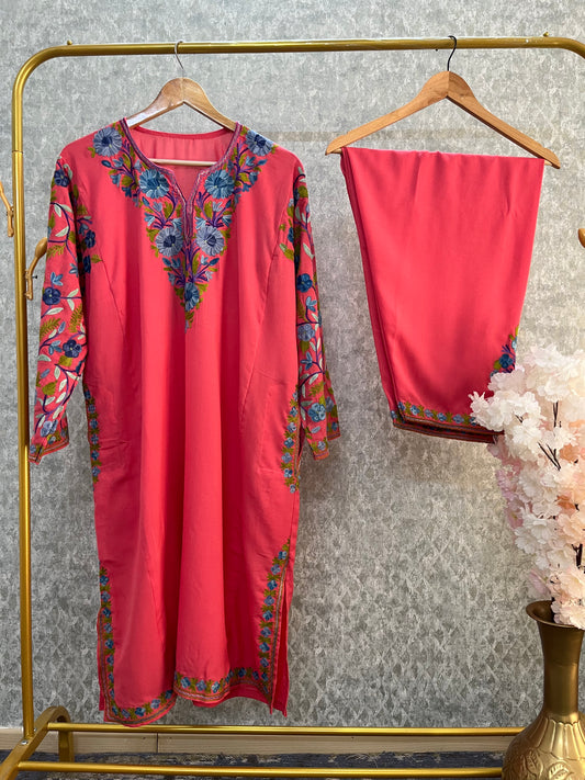 Carrot Pink Cotton Arm Jaal Pheran Set